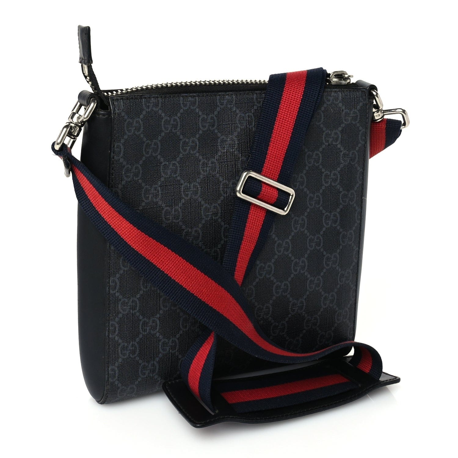 Gucci GG Supreme Monogram Web Small Flat Messenger Bag Black Grey