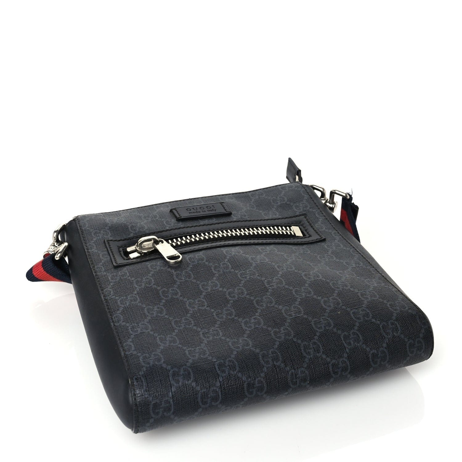 Gucci GG Supreme Monogram Web Small Flat Messenger Bag Black Grey