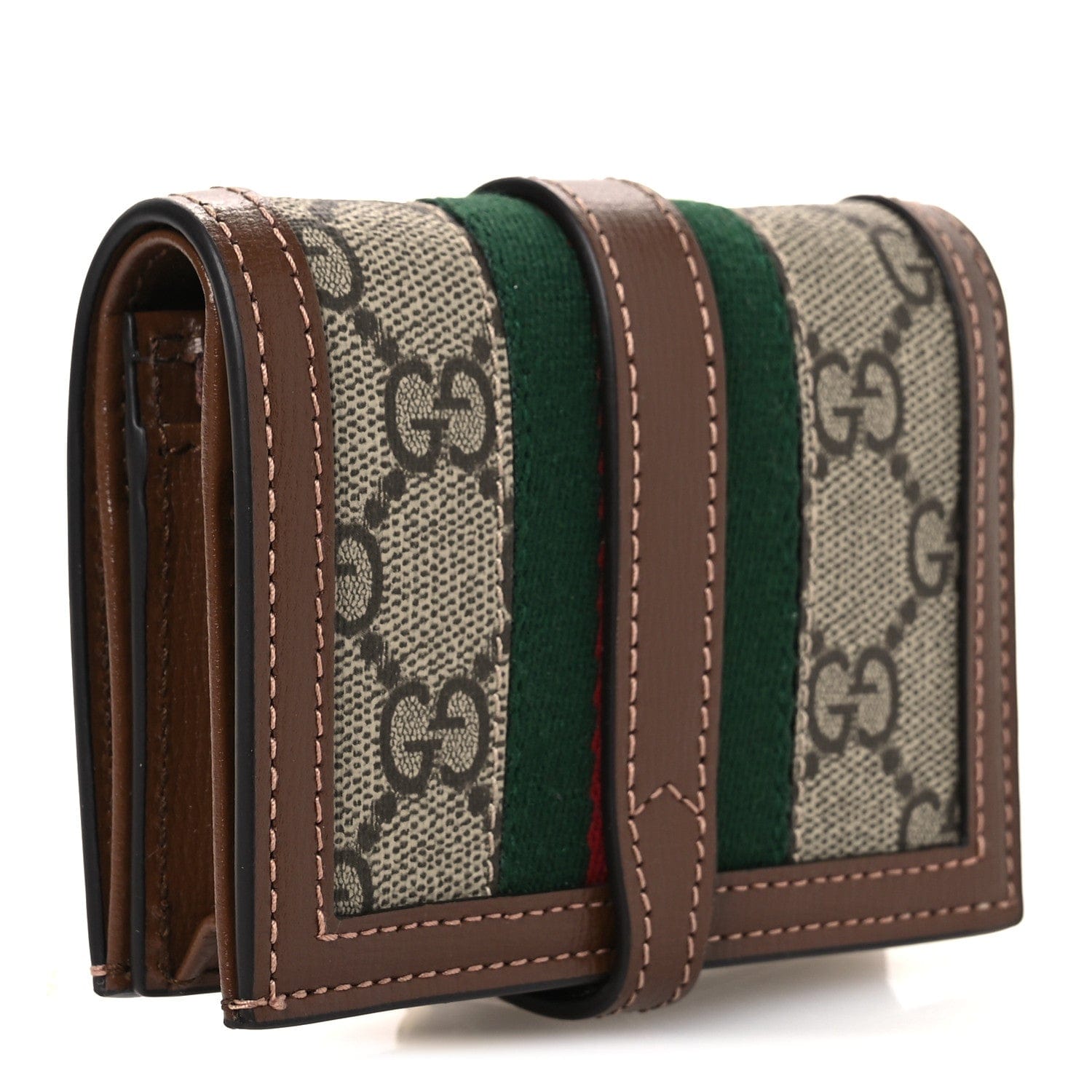 Gucci GG Supreme Monogram Textured Calfskin Web Jackie 1961 Card Case Beige Ebony Brown Sugar