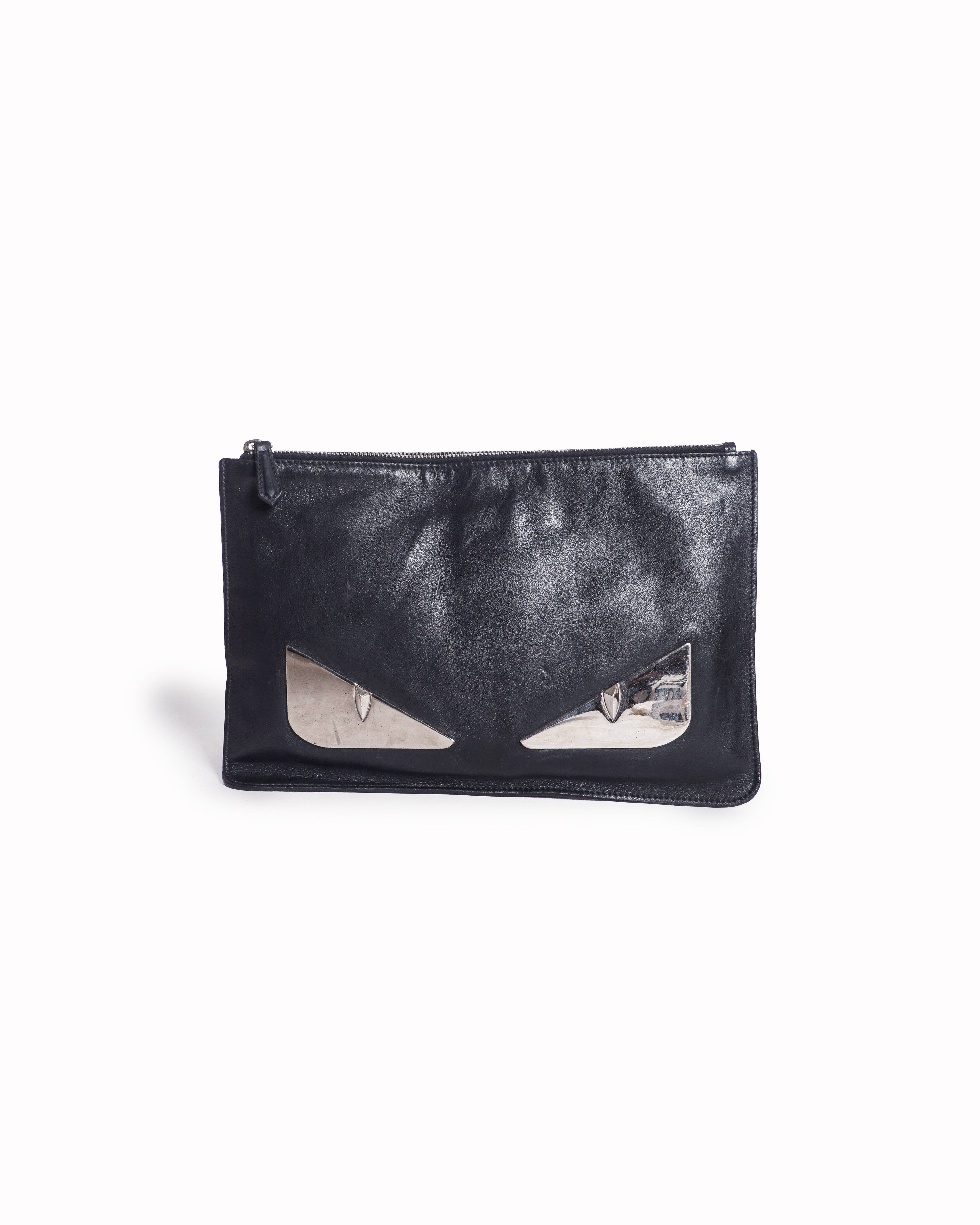 Fendi Black Leather Silver Metal Monster Eyes Flat Pouch Clutch
