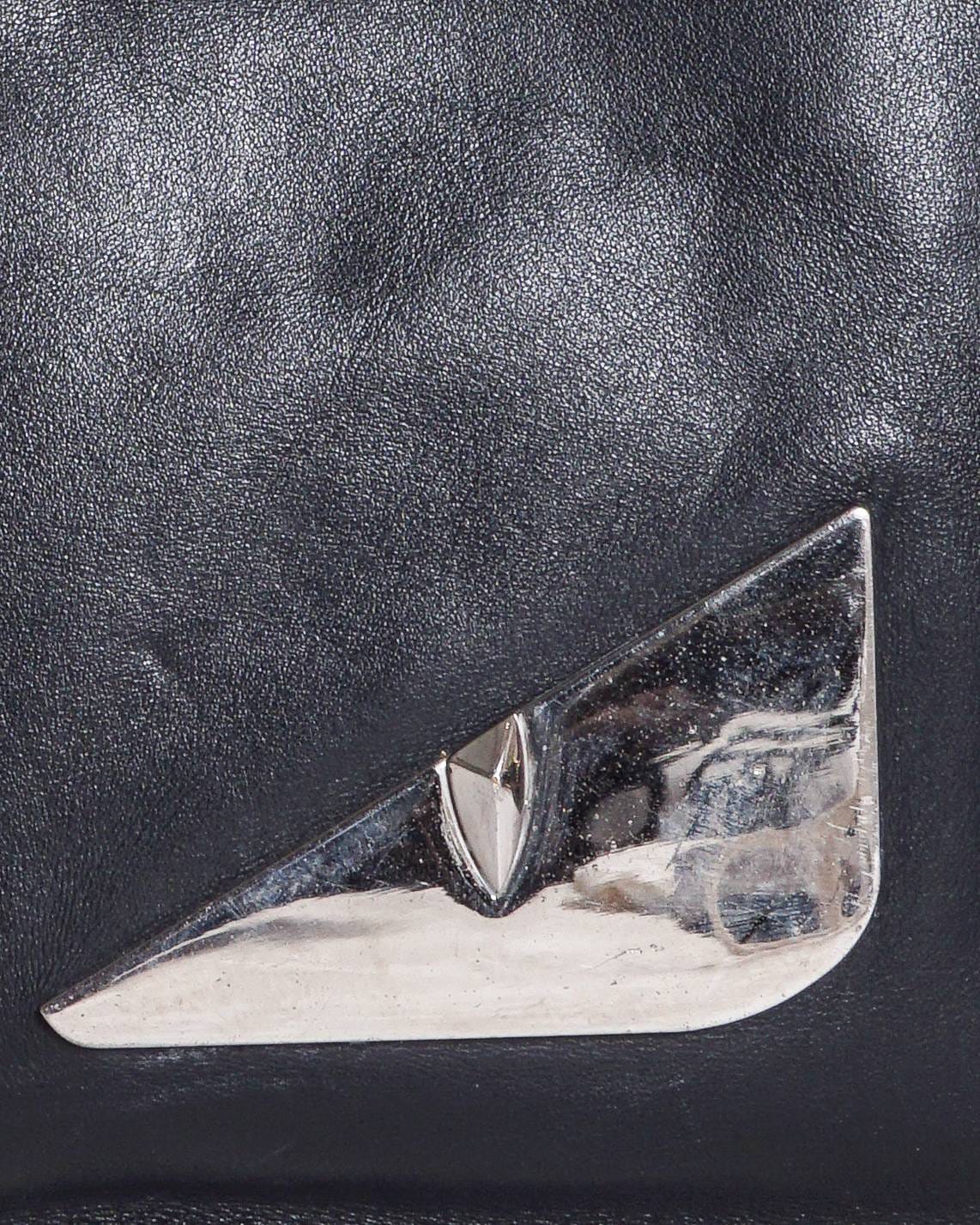 Fendi Black Leather Silver Metal Monster Eyes Flat Pouch Clutch