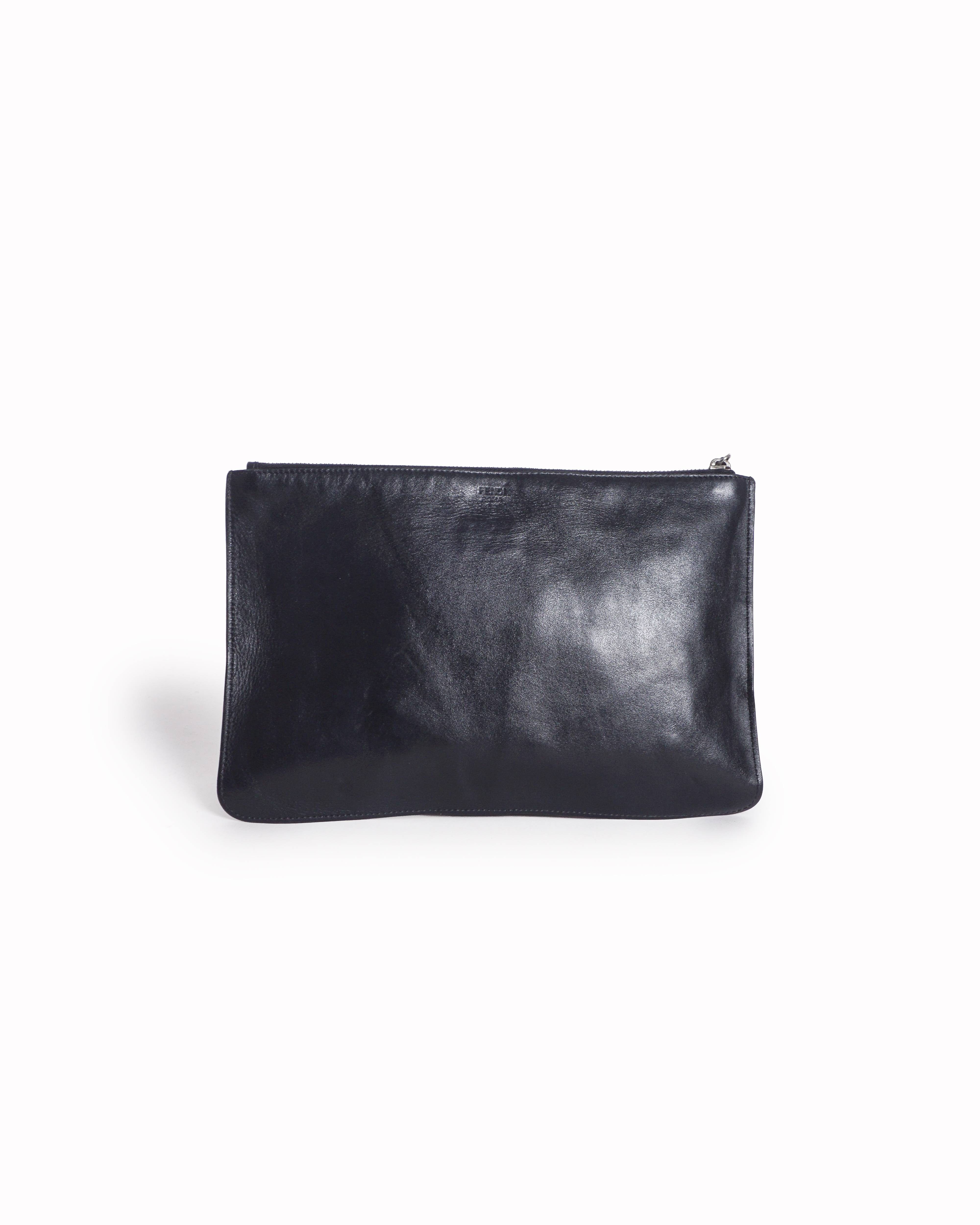 Fendi Black Leather Silver Metal Monster Eyes Flat Pouch Clutch