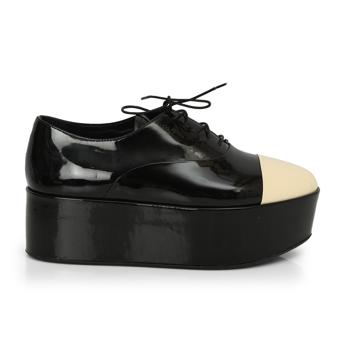 Prada Cap Toe Patent Leather Lace - Up Wedge Heel Shoes Size: 37