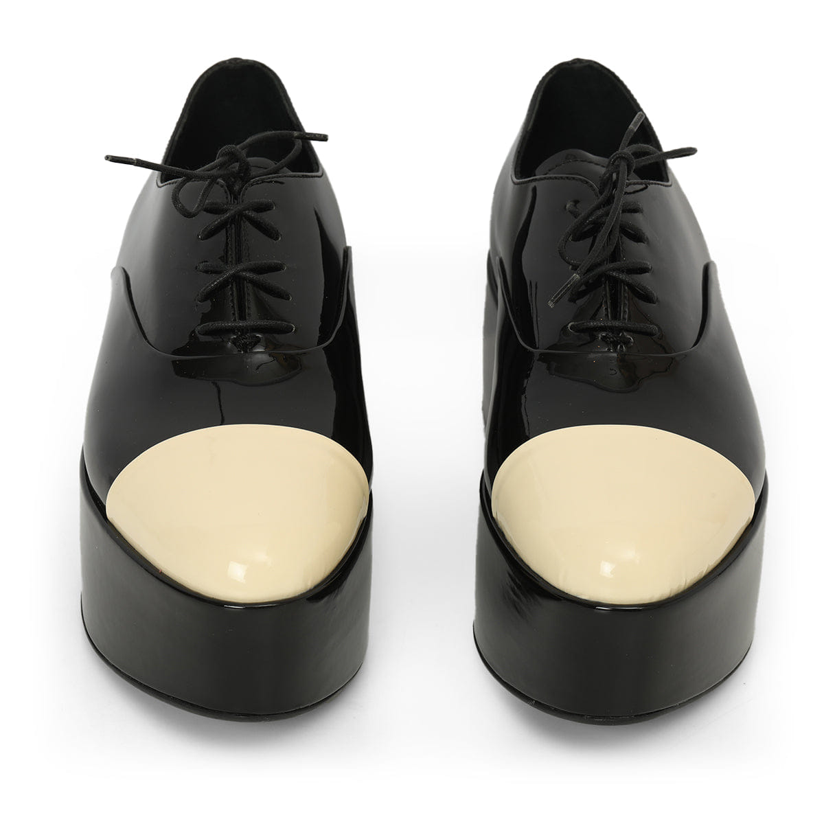Prada Cap Toe Patent Leather Lace - Up Wedge Heel Shoes Size: 37