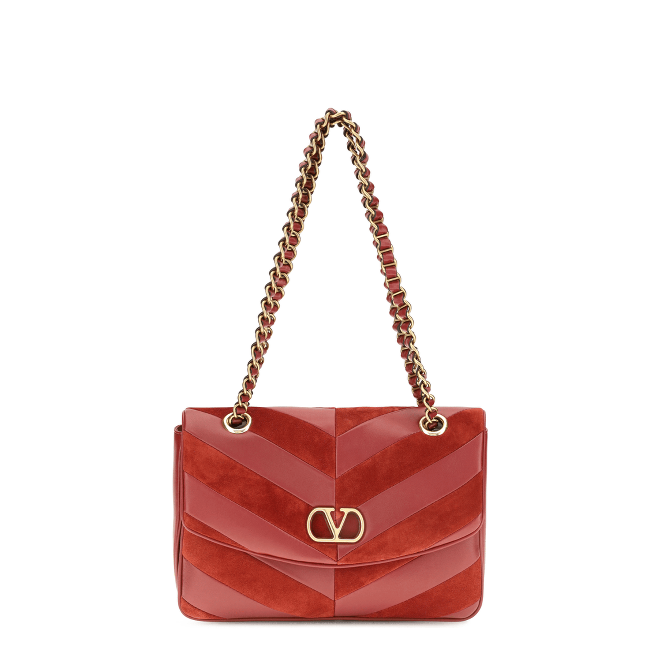 Valentino Djuna Medium Suede and Nappa Chain Bag - Red