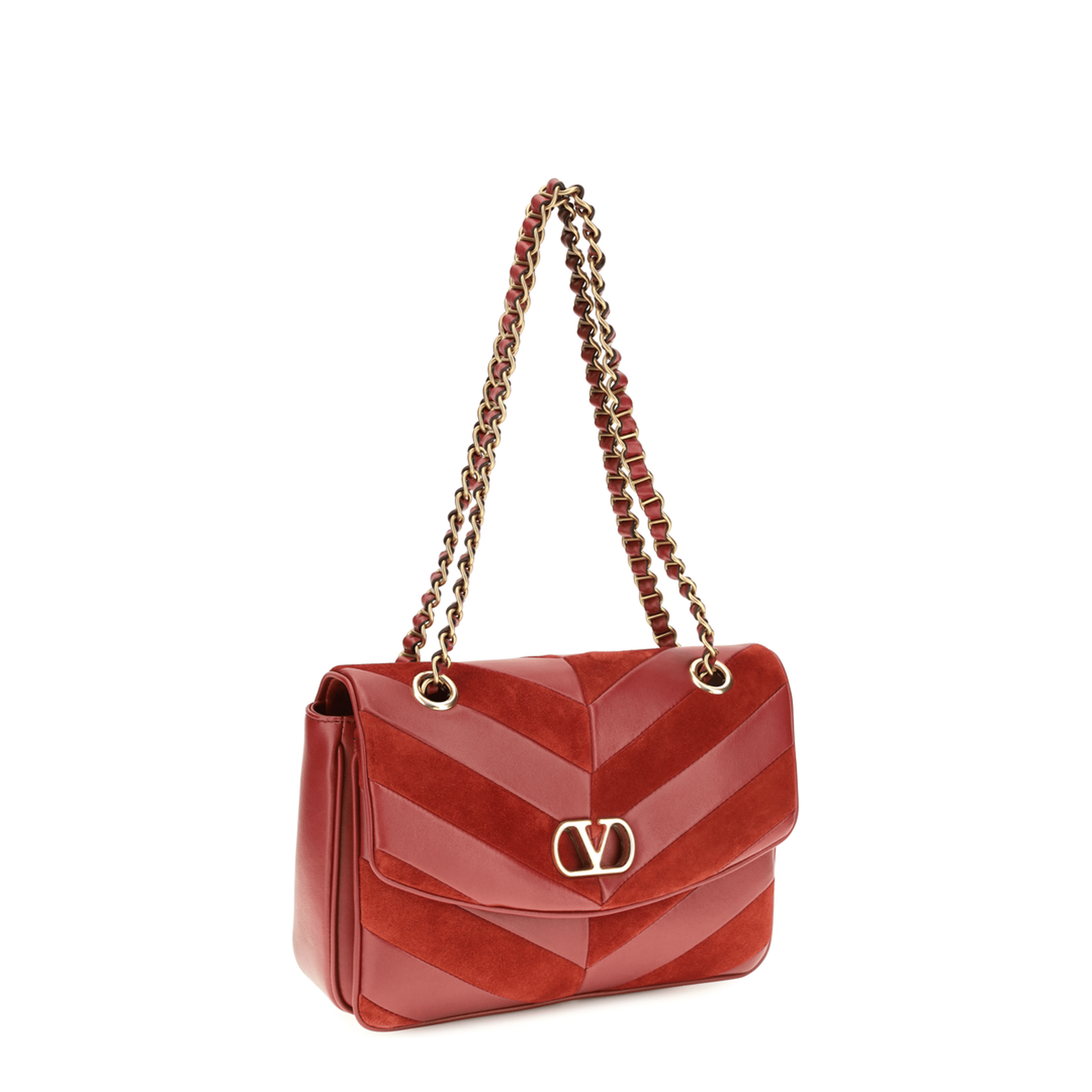 Valentino Djuna Medium Suede and Nappa Chain Bag - Red