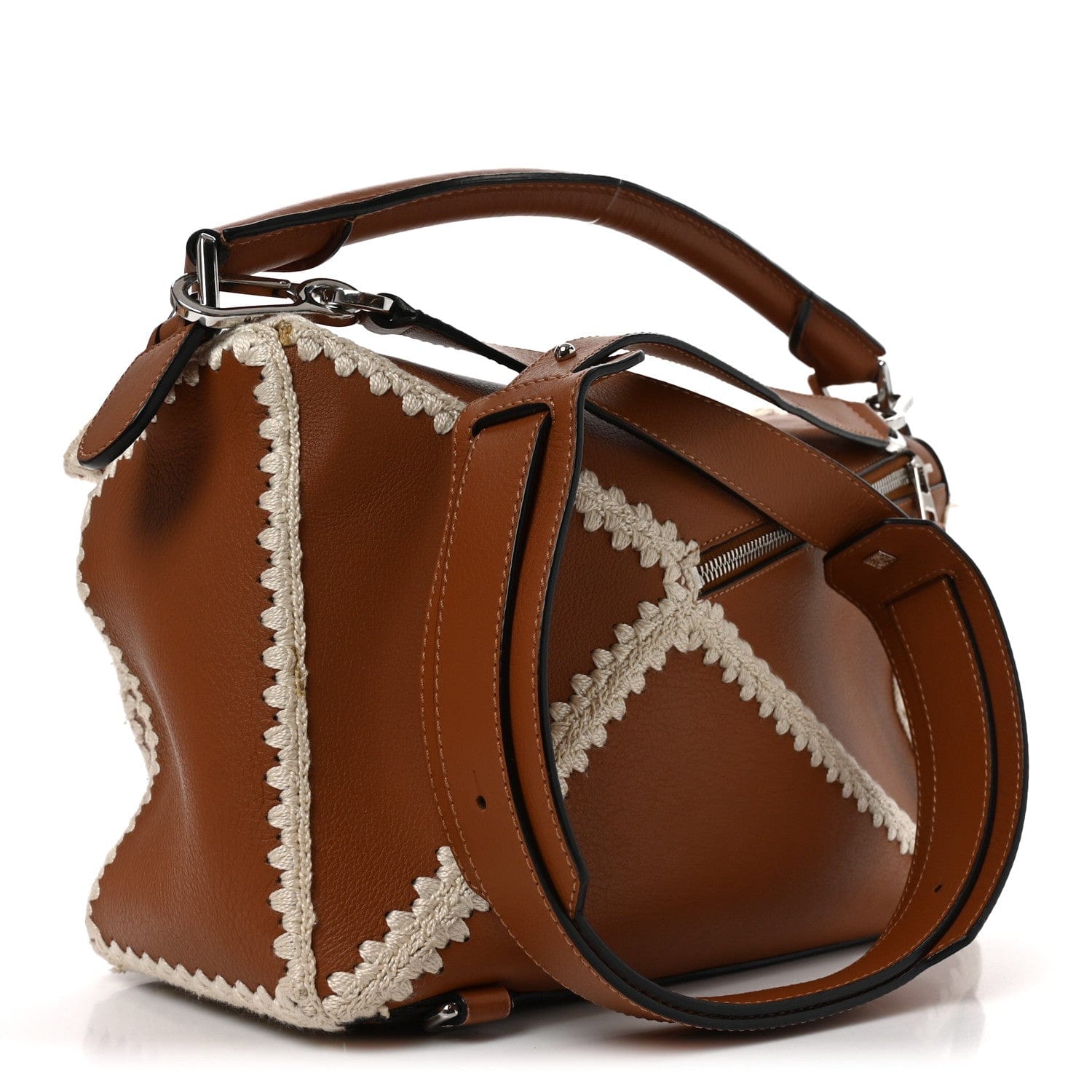 Loewe Calfskin Crochet Trim Medium Puzzle Bag Tan