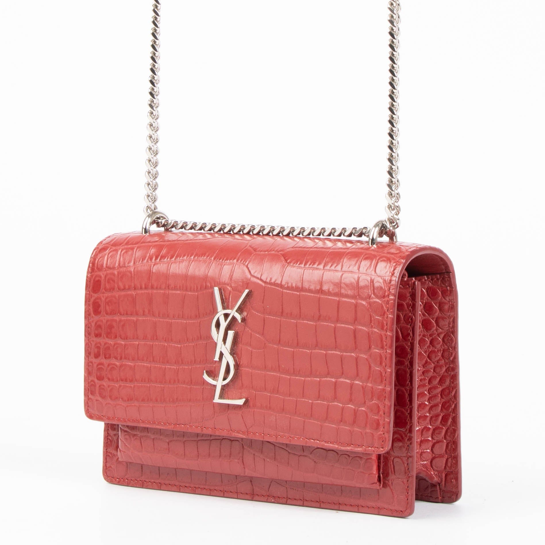Saint Laurent Red Crocodile Embossed Sunset Small Bag