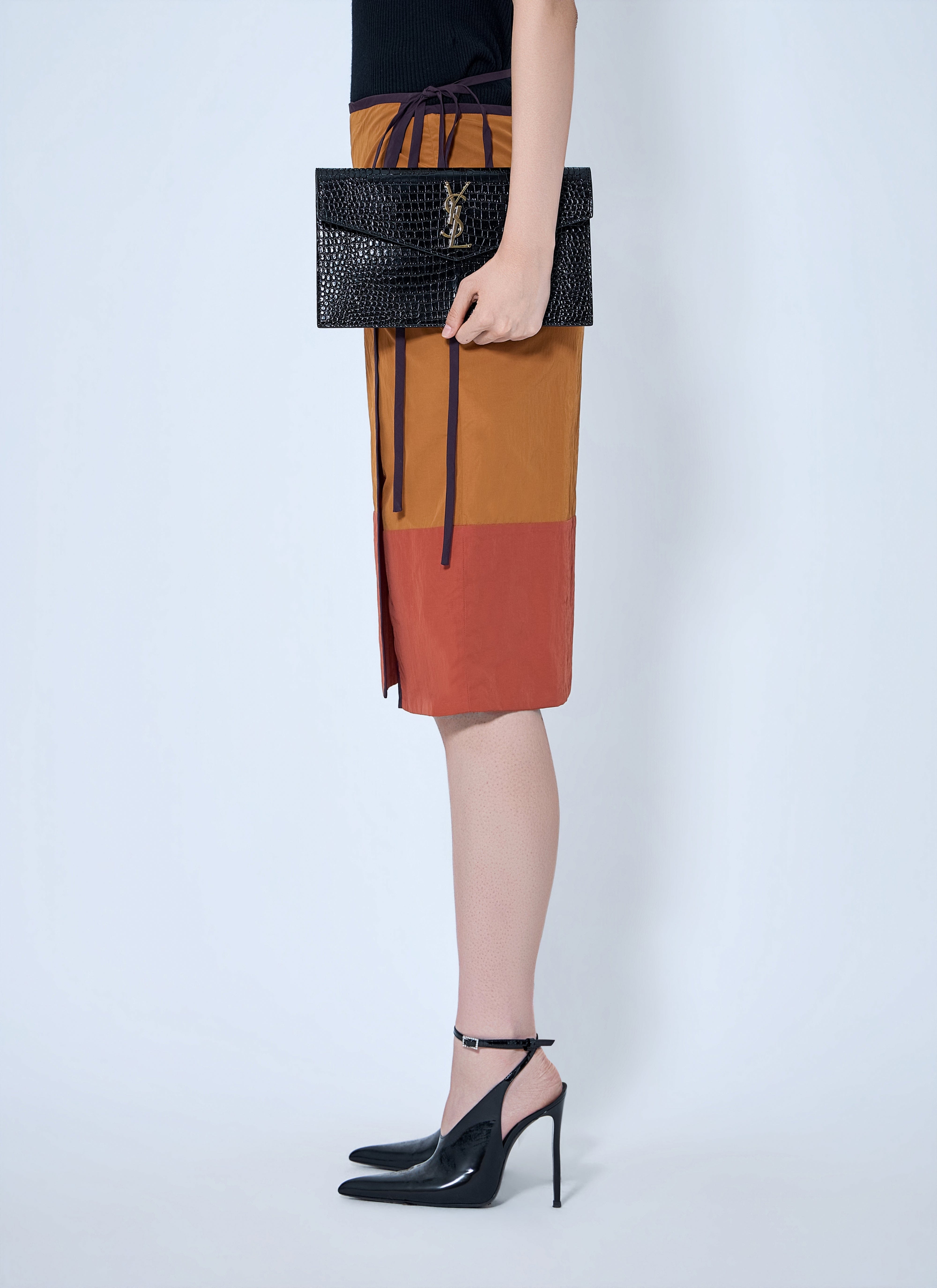 Saint Laurent Women Uptown Crocodile - Embossed Shiny Leather Pouch