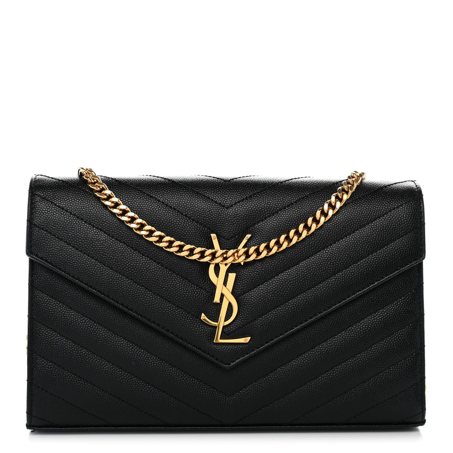 Saint Laurent Grain De Poudre Matelasse Chevron Monogram Chain Wallet Black