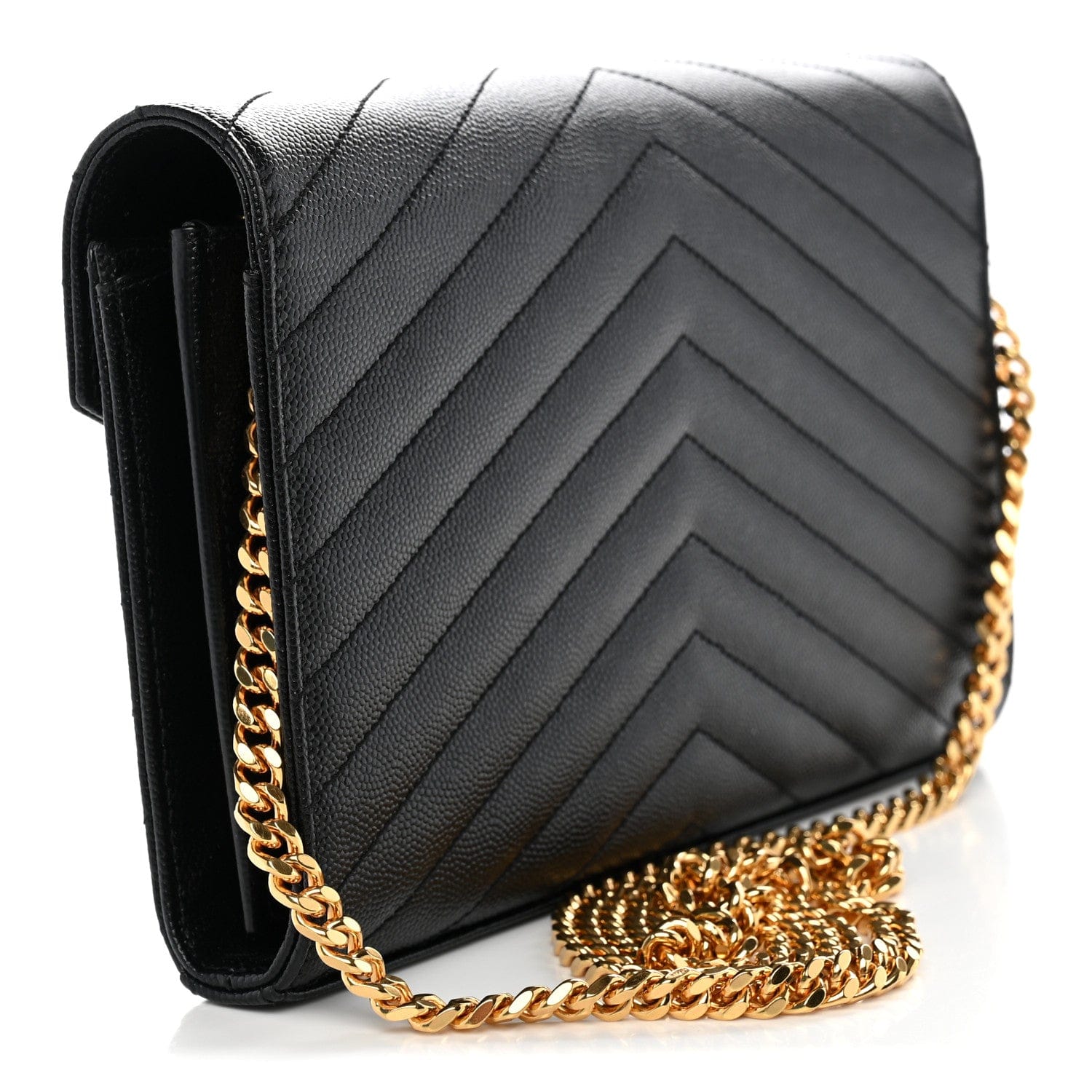 Saint Laurent Grain De Poudre Matelasse Chevron Monogram Chain Wallet Black