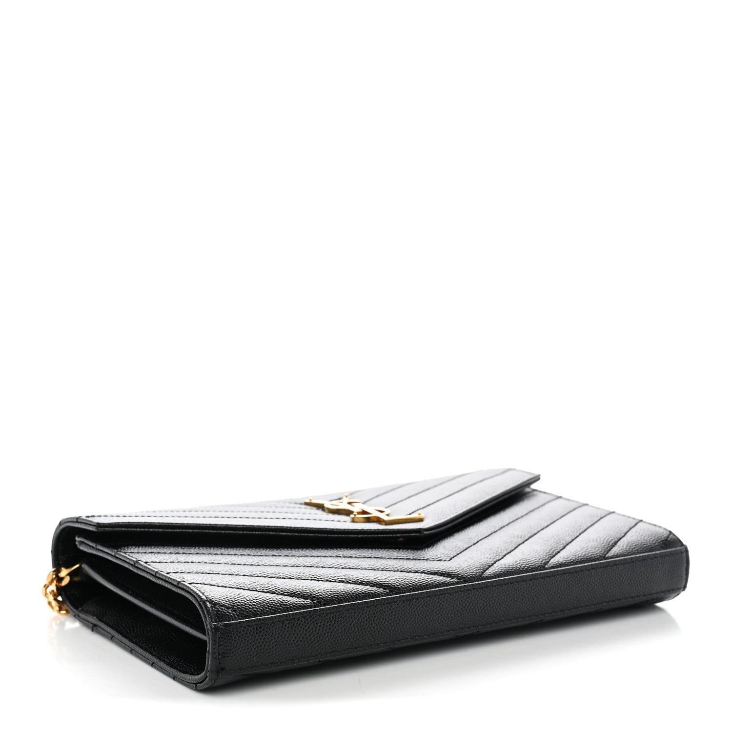 Saint Laurent Grain De Poudre Matelasse Chevron Monogram Chain Wallet Black