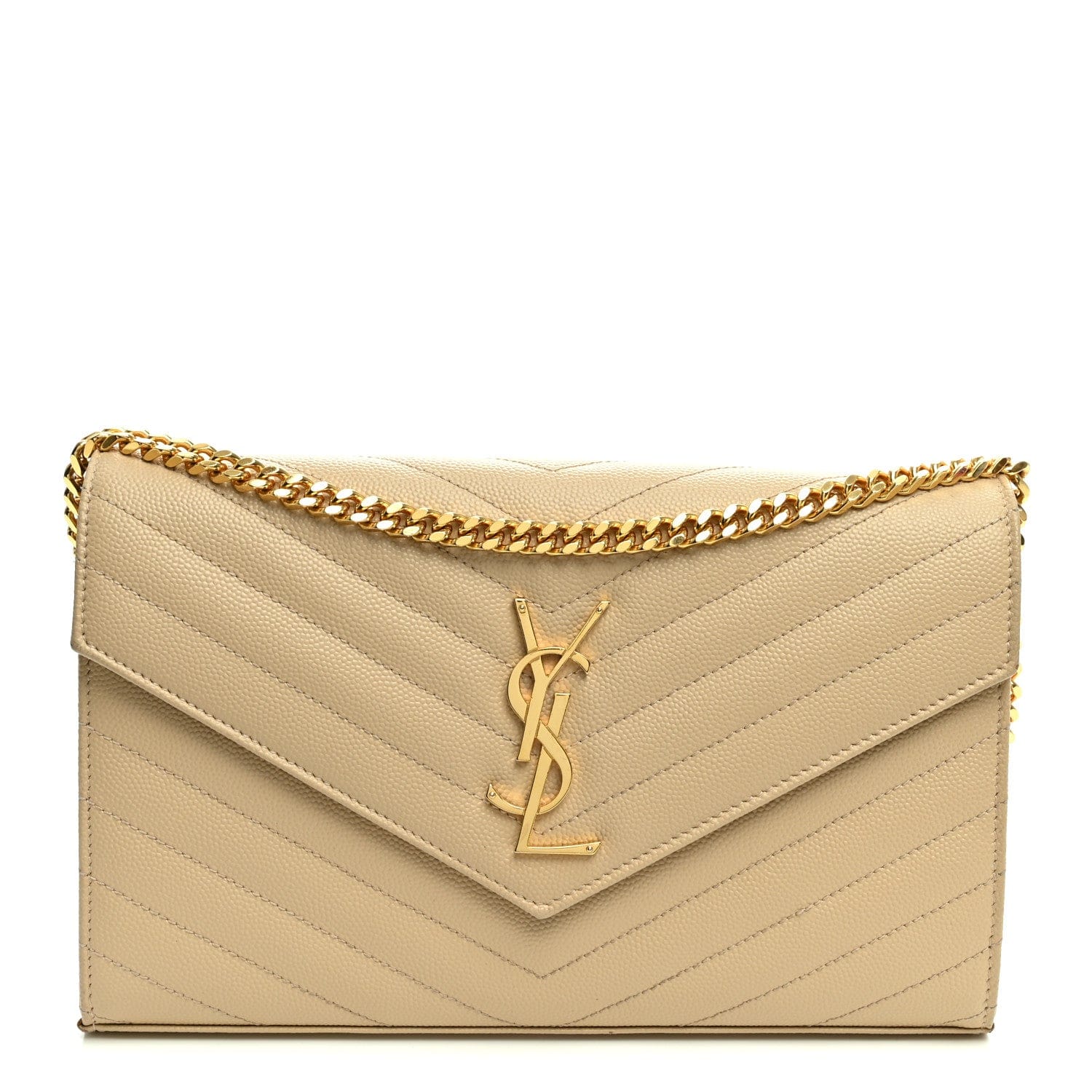 Saint Laurent Grain De Poudre Matelasse Chevron Monogram Chain Wallet Nude Powder Nude Powder