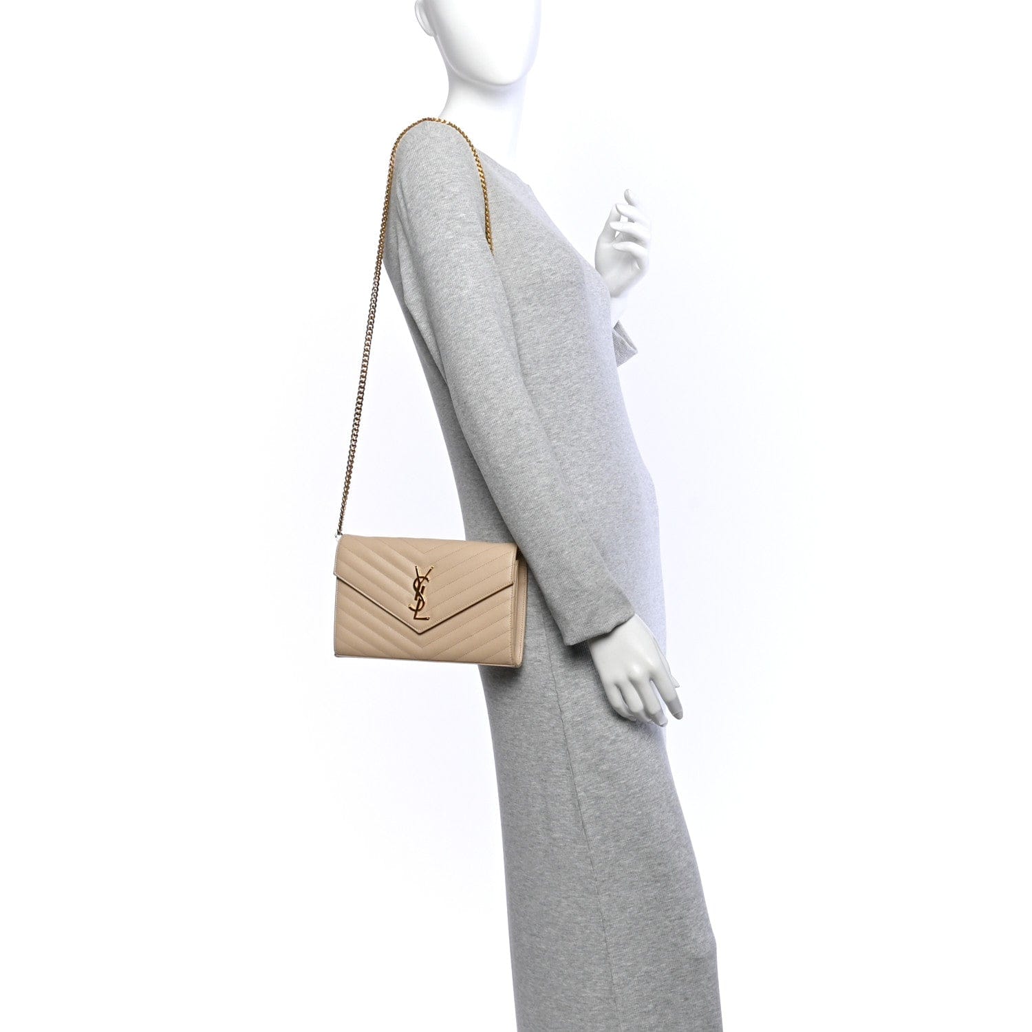 Saint Laurent Grain De Poudre Matelasse Chevron Monogram Chain Wallet Nude Powder Nude Powder