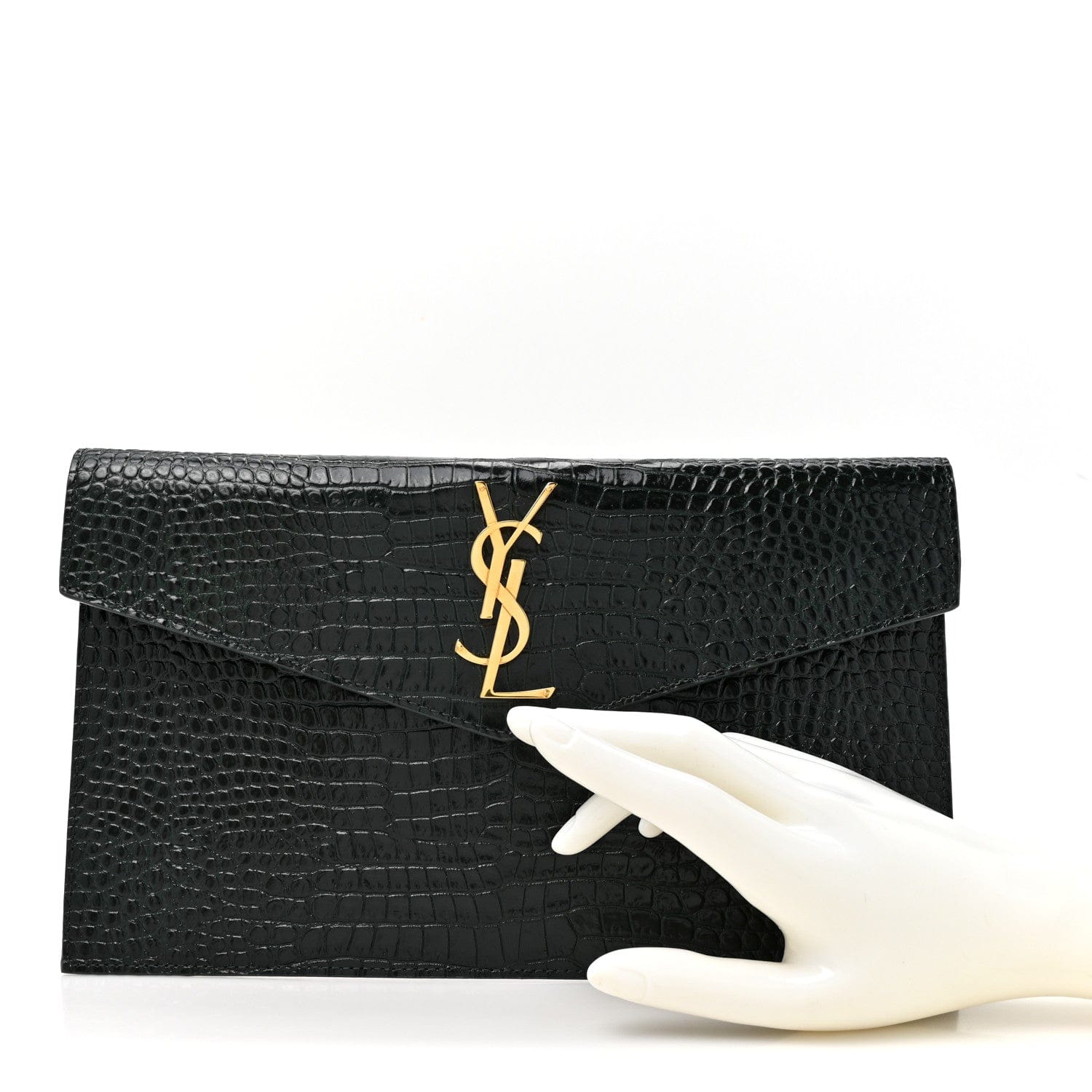 Saint Laurent Calfskin Crocodile Embossed Uptown Monogram Pouch Mint