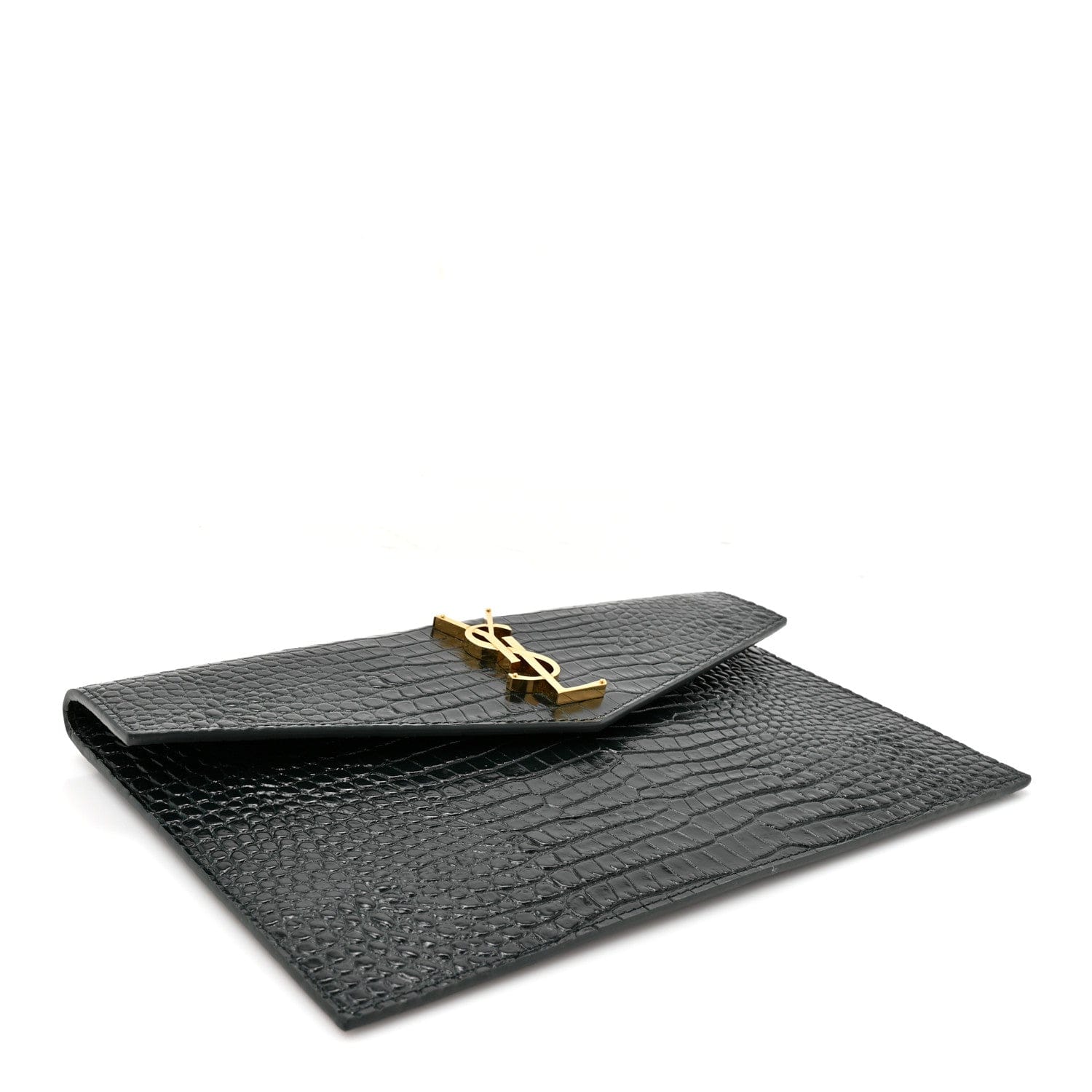 Saint Laurent Calfskin Crocodile Embossed Uptown Monogram Pouch Mint