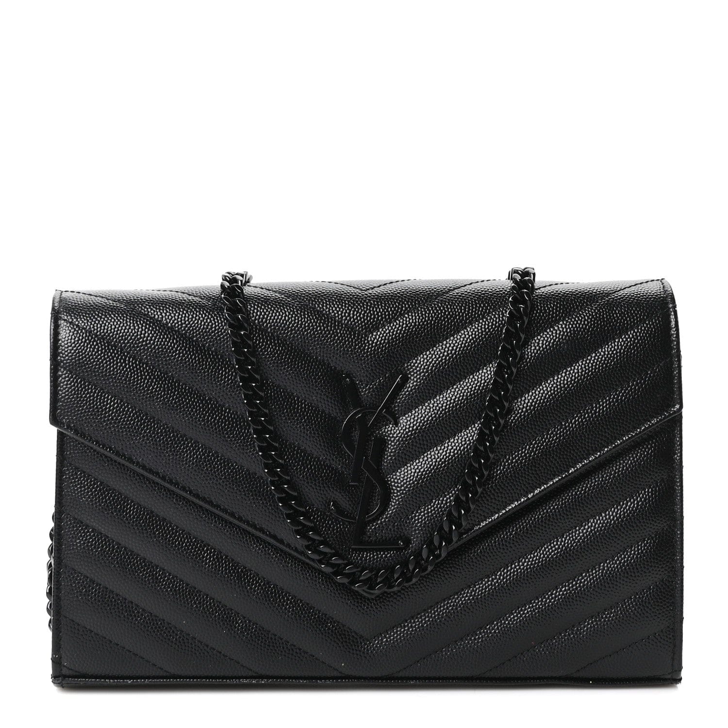 Saint Laurent Grain De Poudre Matelasse Chevron Monogram Monochrome Chain Wallet Black