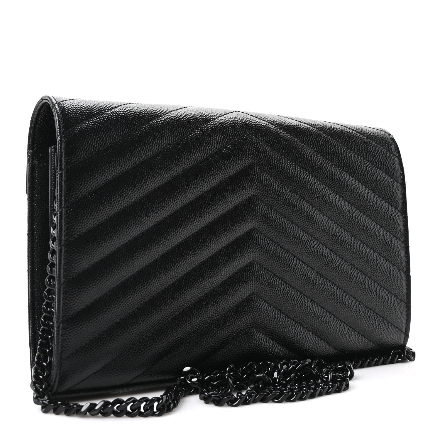 Saint Laurent Grain De Poudre Matelasse Chevron Monogram Monochrome Chain Wallet Black