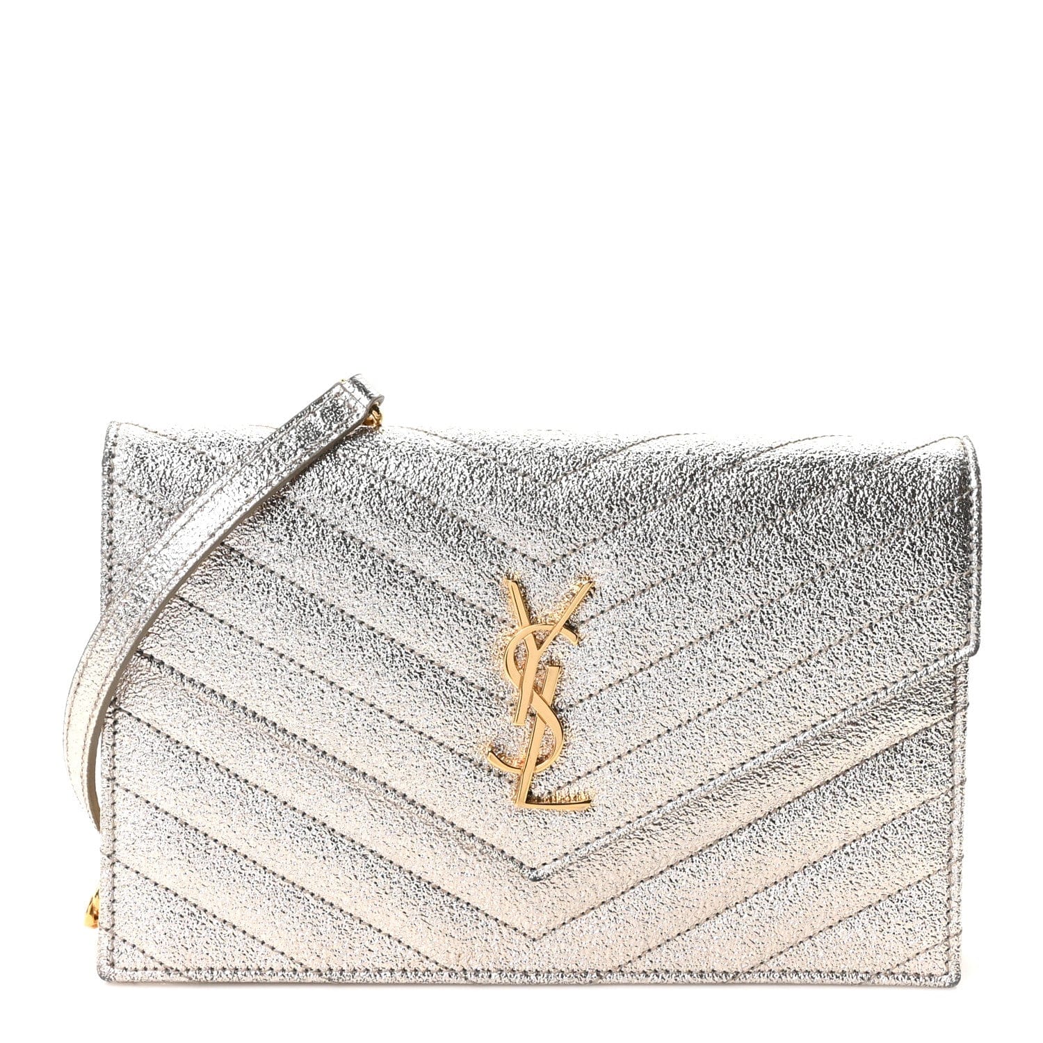 Saint Laurent Metallic Crackled Calfskin Matelasse Chevron Monogram Envelope Chain Wallet Gold