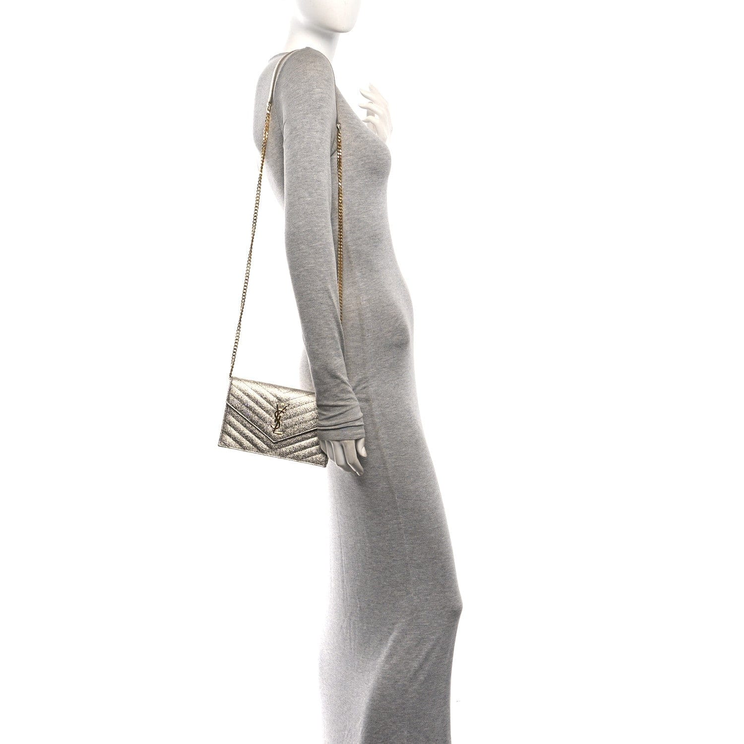 Saint Laurent Metallic Crackled Calfskin Matelasse Chevron Monogram Envelope Chain Wallet Gold