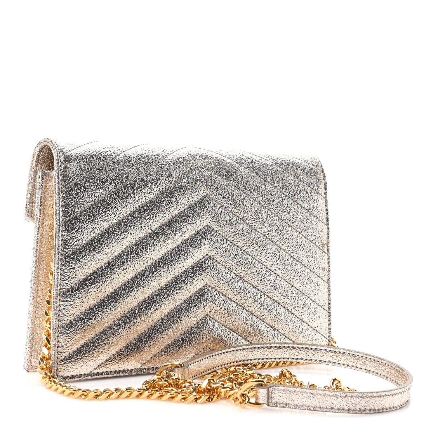 Saint Laurent Metallic Crackled Calfskin Matelasse Chevron Monogram Envelope Chain Wallet Gold