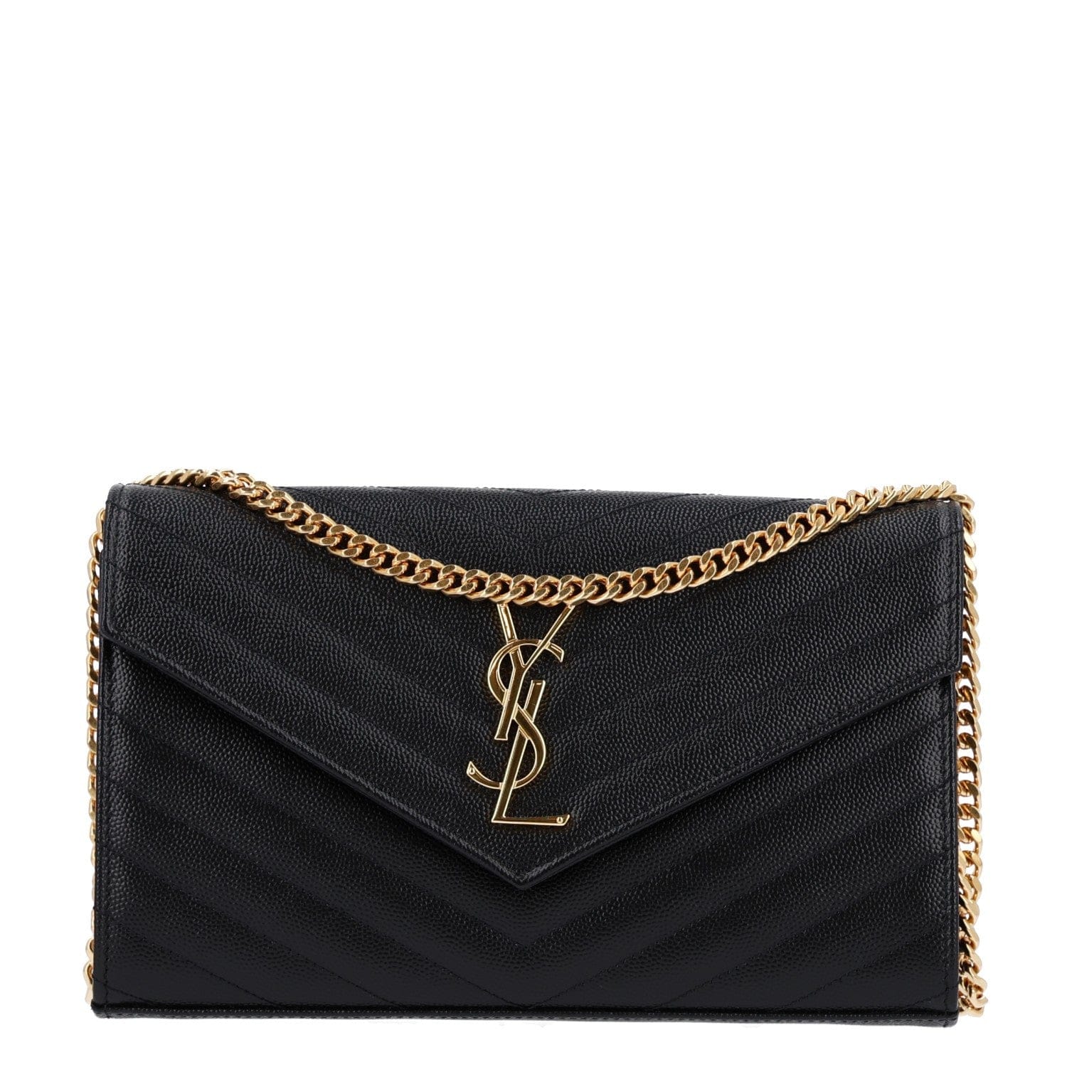 Saint Laurent Grain De Poudre Matelasse Chevron Monogram Chain Wallet Black Black
