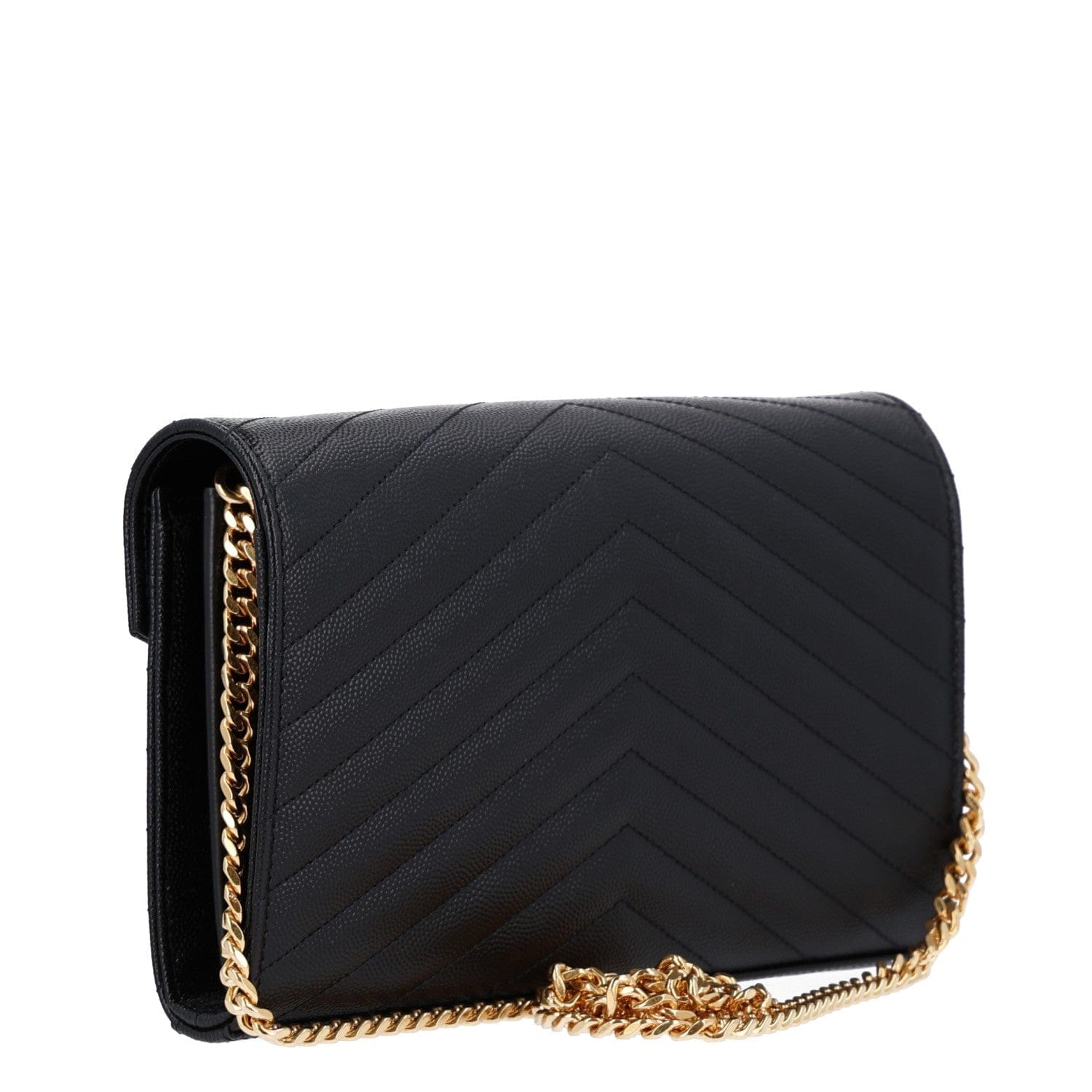 Saint Laurent Grain De Poudre Matelasse Chevron Monogram Chain Wallet Black Black