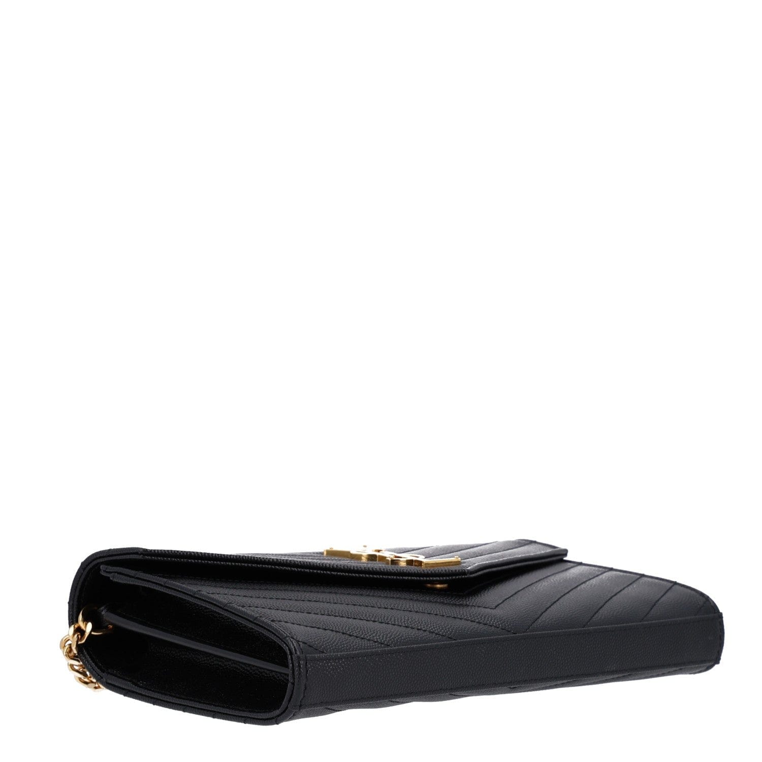 Saint Laurent Grain De Poudre Matelasse Chevron Monogram Chain Wallet Black Black