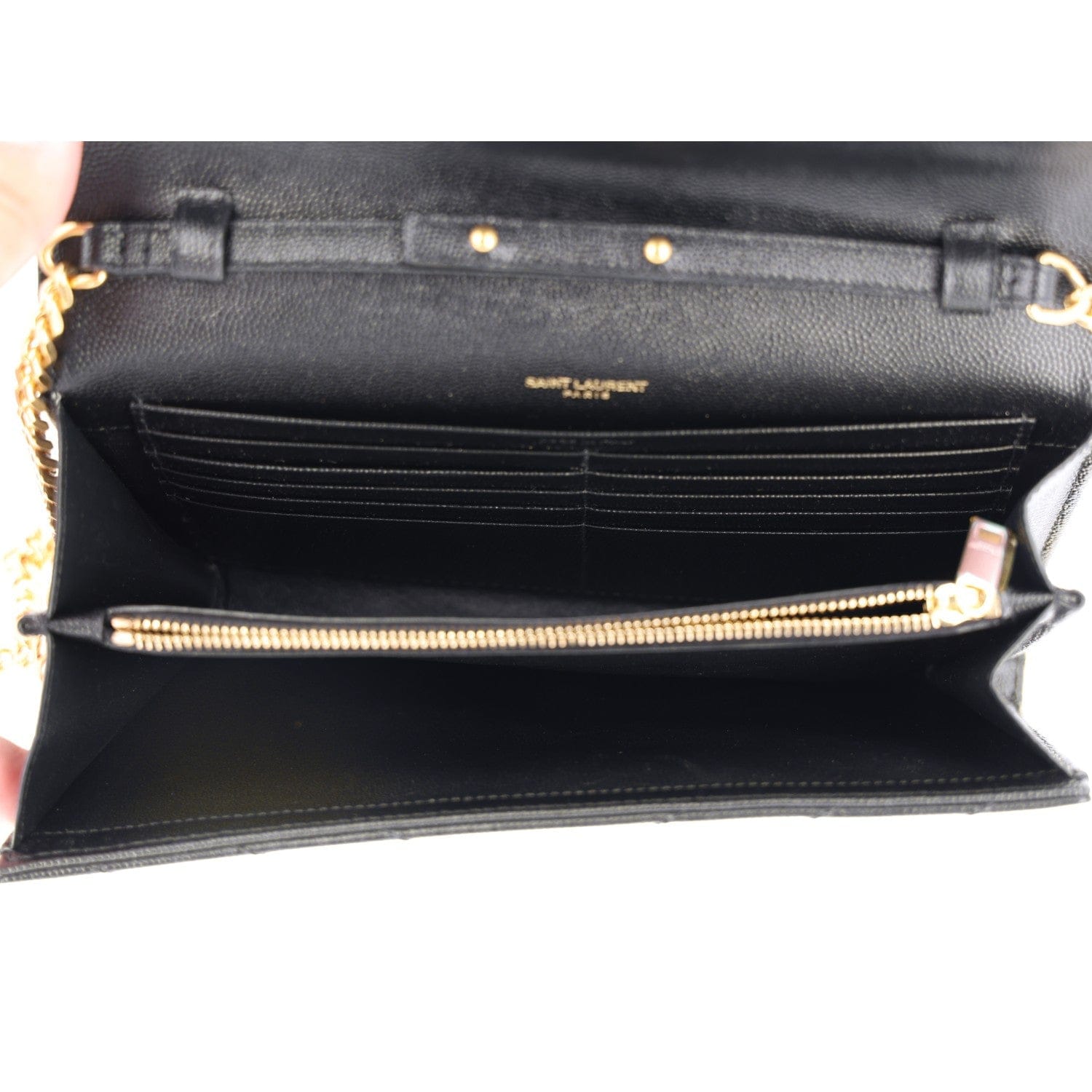 Saint Laurent Grain De Poudre Matelasse Chevron Monogram Chain Wallet Black Black