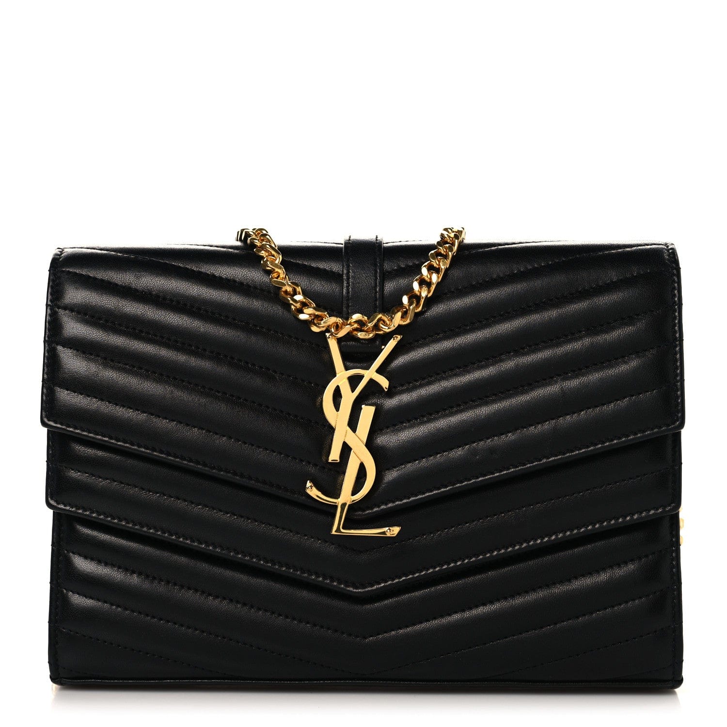 Saint Laurent Lambskin Matelasse Chevron Monogram Sulpice Chain Wallet Black