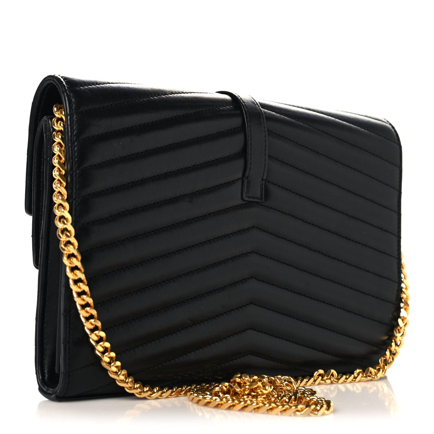 Saint Laurent Lambskin Matelasse Chevron Monogram Sulpice Chain Wallet Black