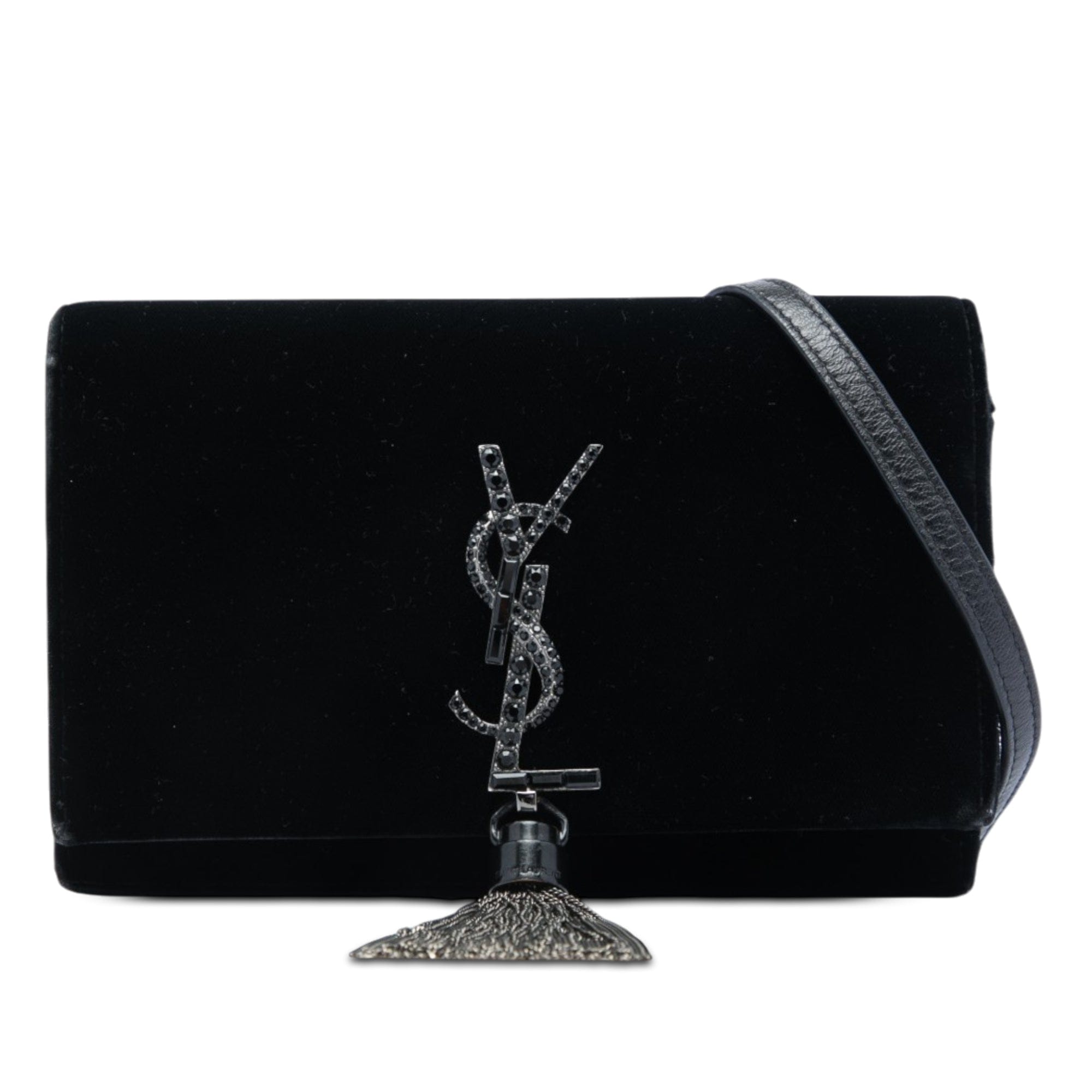 Saint Laurent Velvet Crystal Monogram Kate Tassel Wallet on Chain