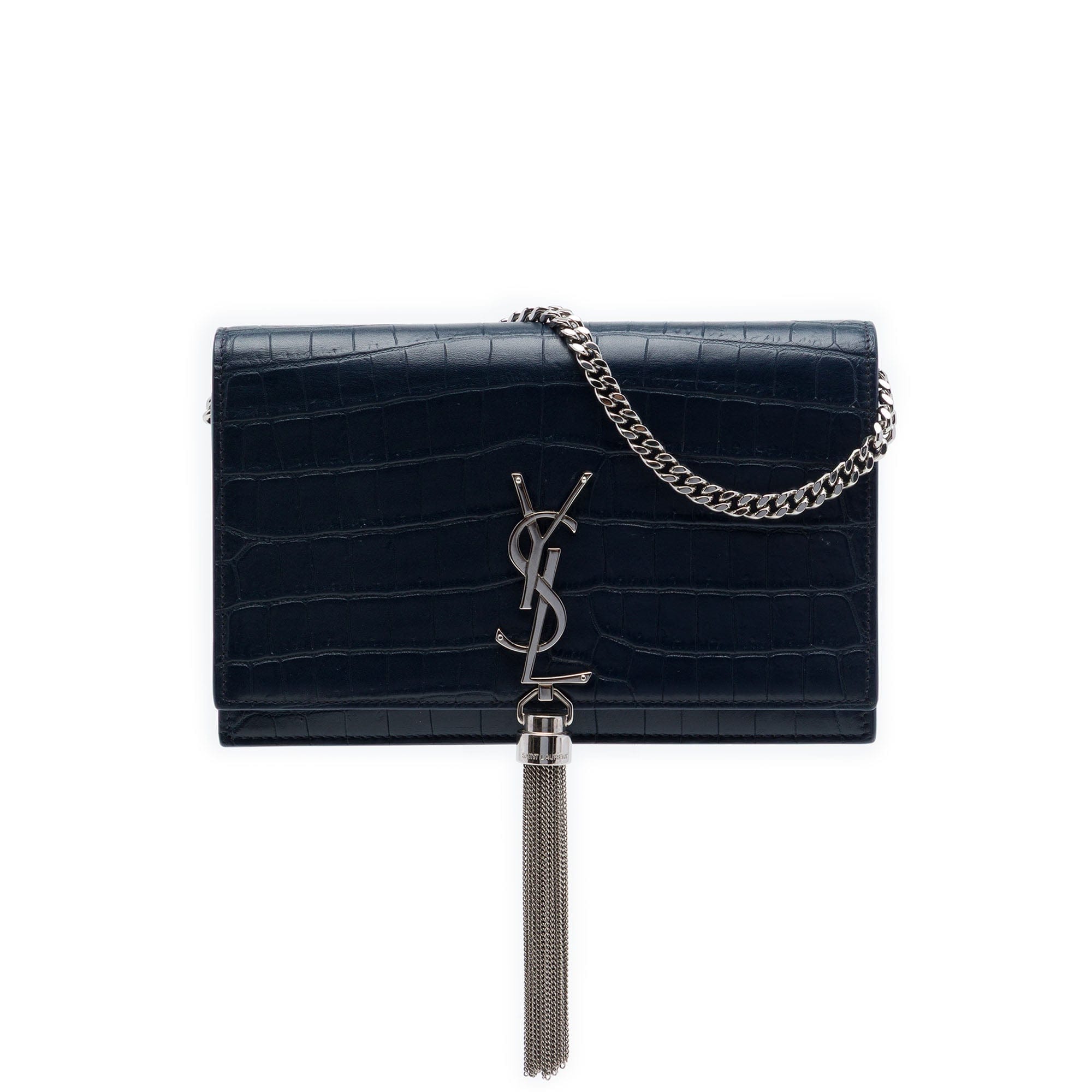 Saint Laurent Croc Embossed Leather Monogram Kate Tassel Wallet on Chain