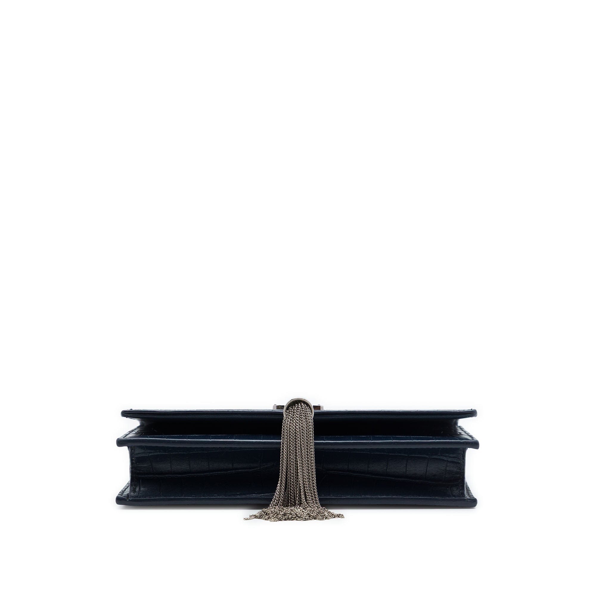 Saint Laurent Croc Embossed Leather Monogram Kate Tassel Wallet on Chain
