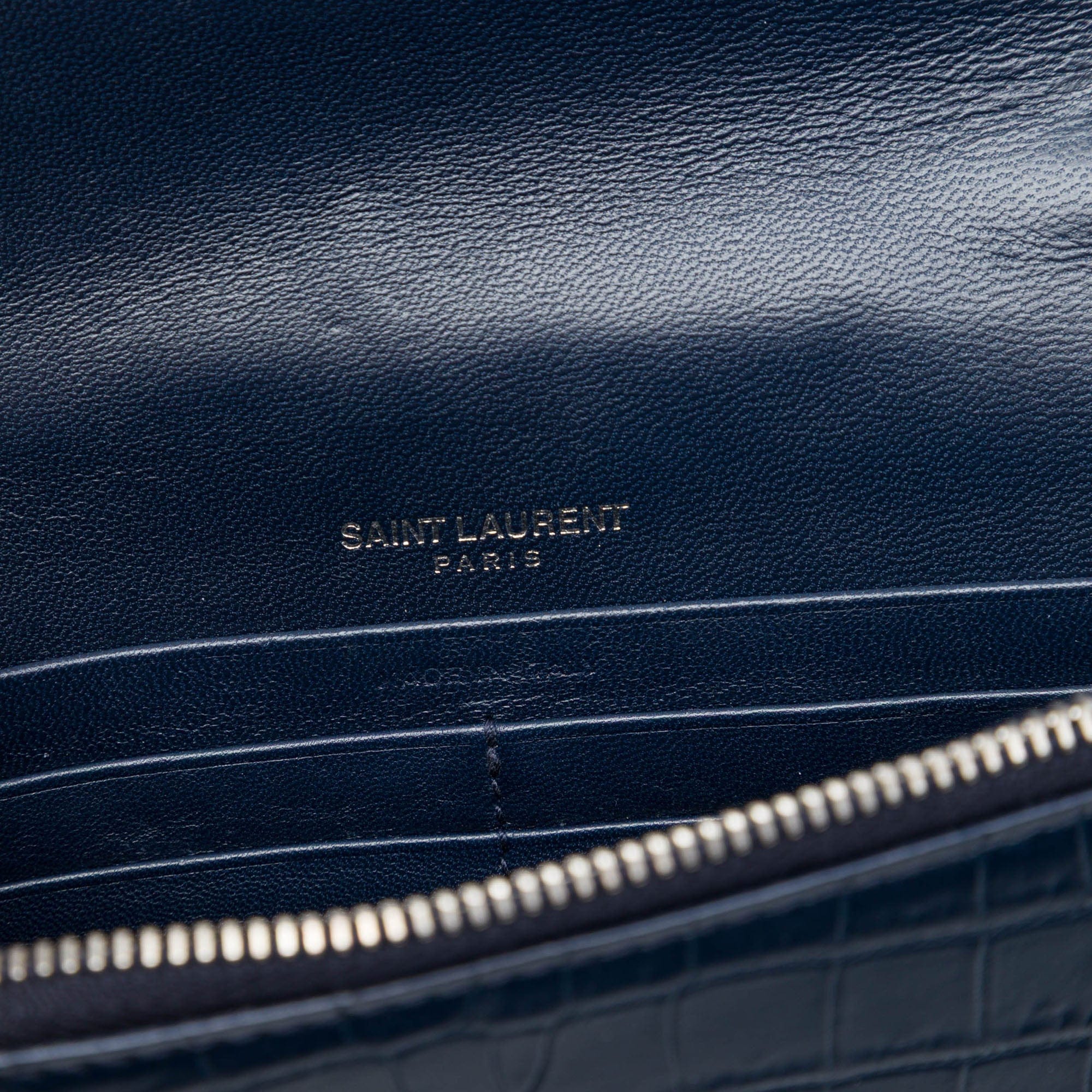 Saint Laurent Croc Embossed Leather Monogram Kate Tassel Wallet on Chain
