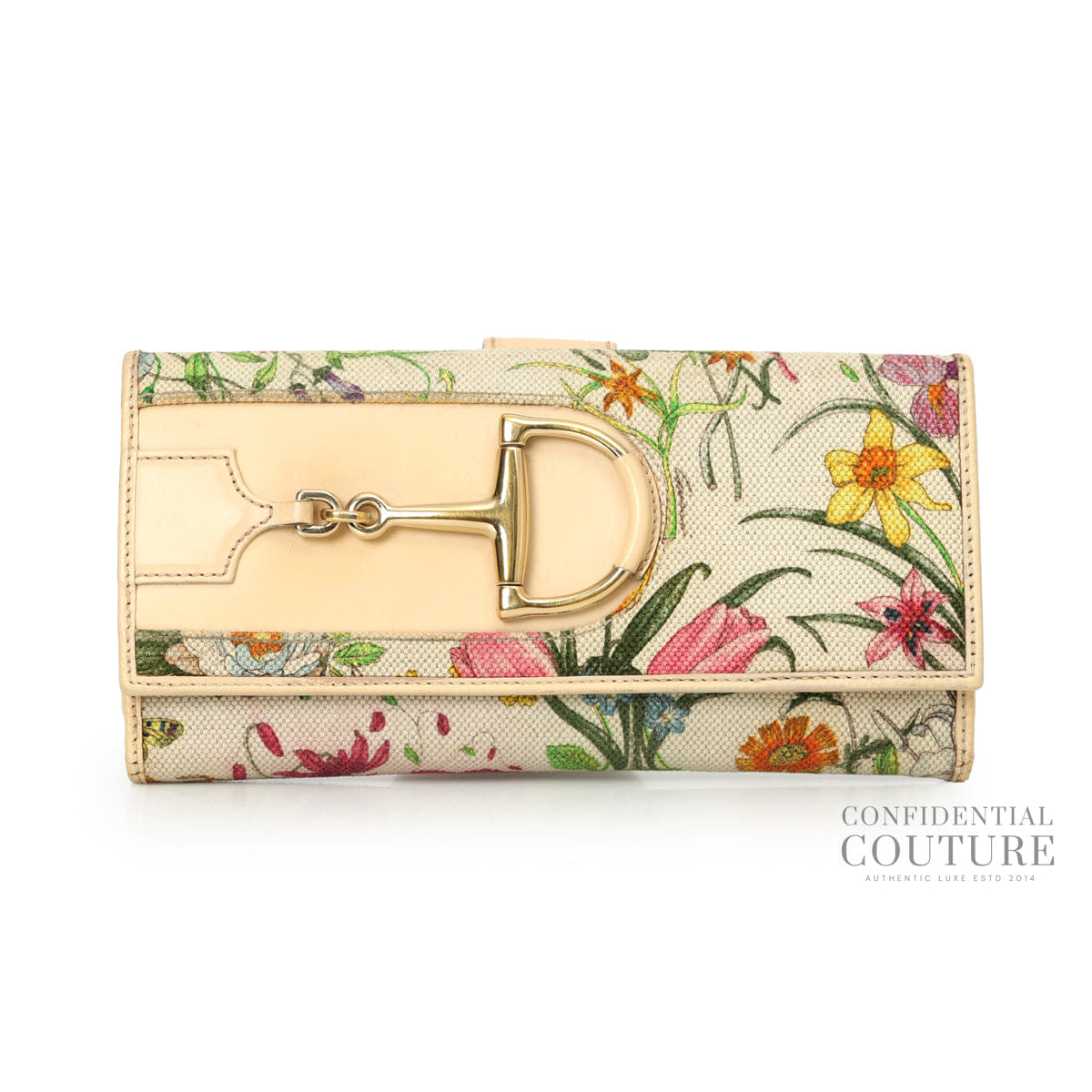 Gucci Flora/Nude Horsebit Flap Wallet