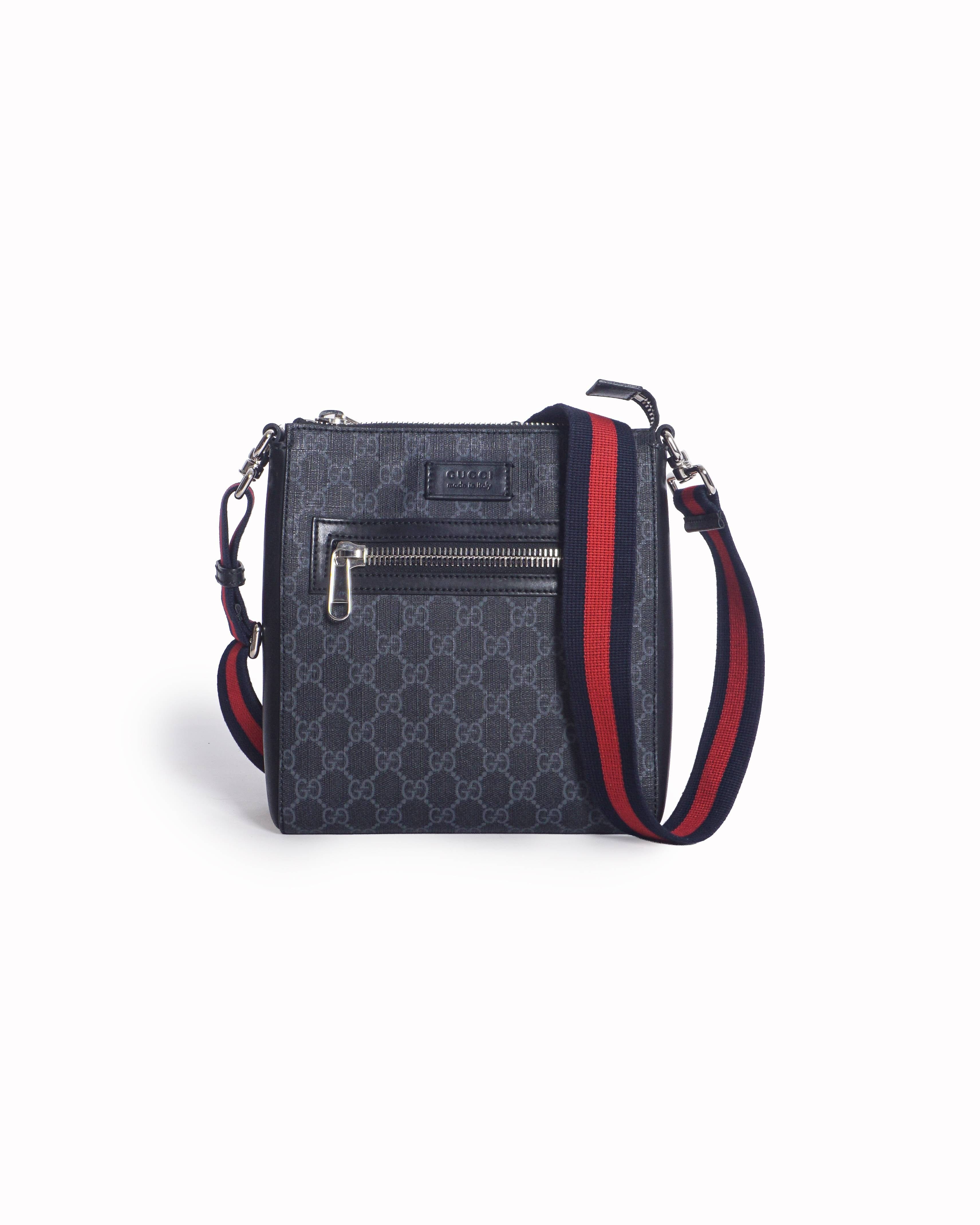 Gucci Black & Grey GG Supreme Web Stripe Messenger Bag