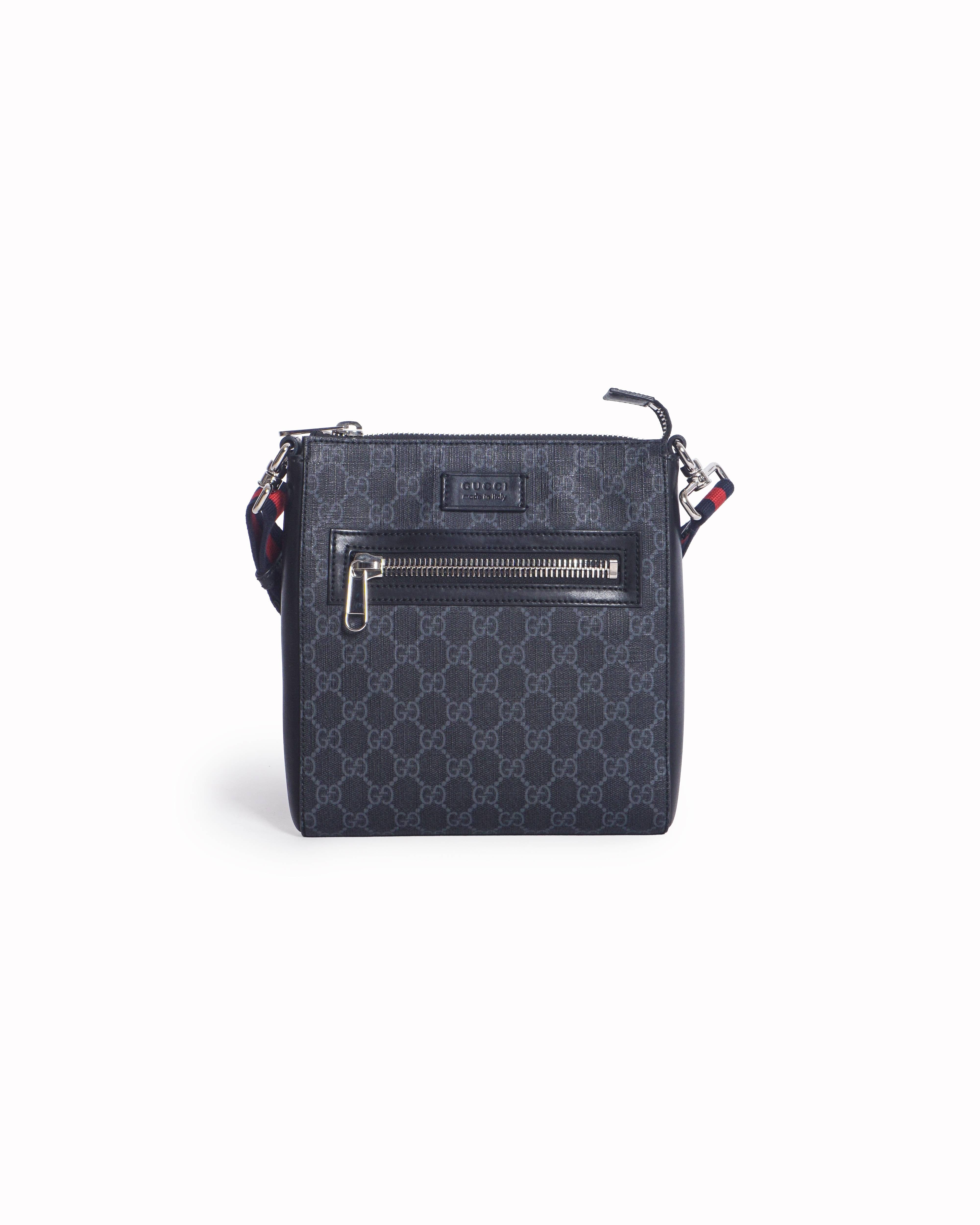 Gucci Black & Grey GG Supreme Web Stripe Messenger Bag