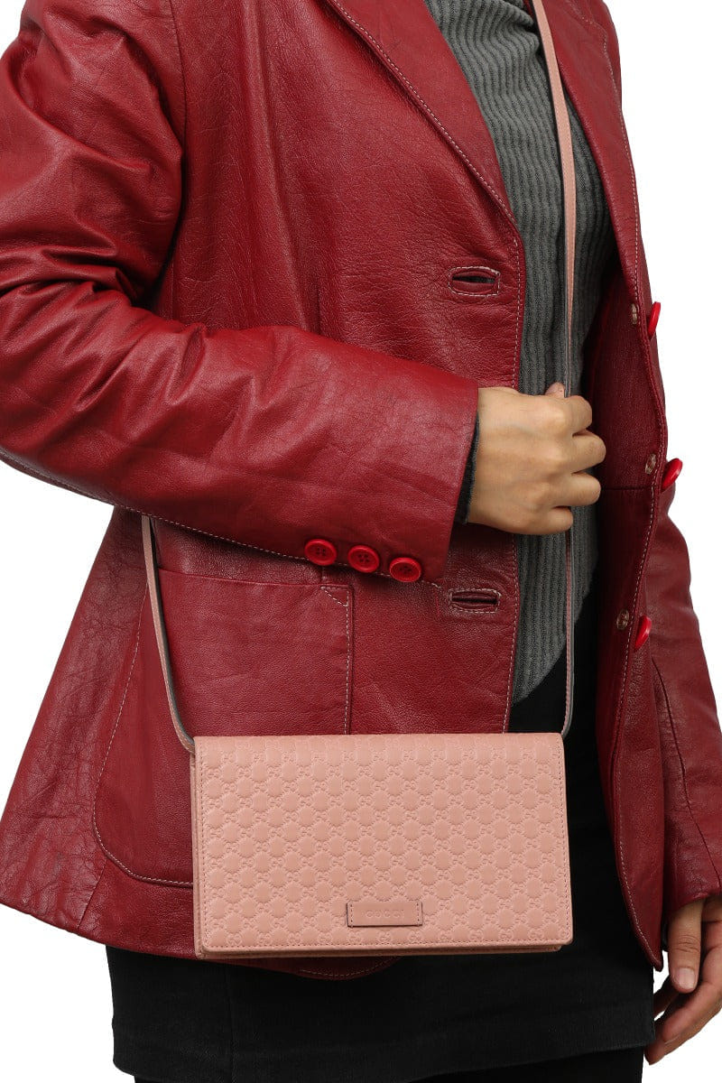 Gucci Guccissima Borsa Pink Leather Wallet On Chain
