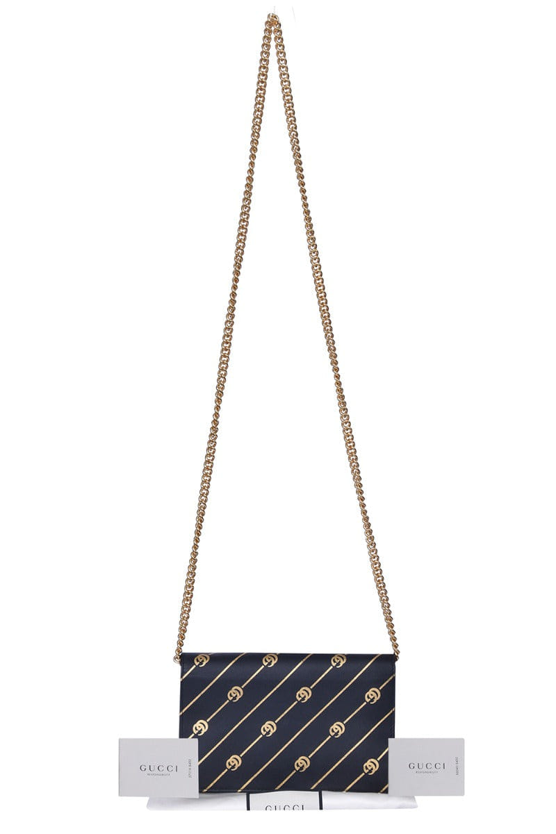 Gucci Black & Gold Calfskin Diagonal Gg Mini Chain Wallet