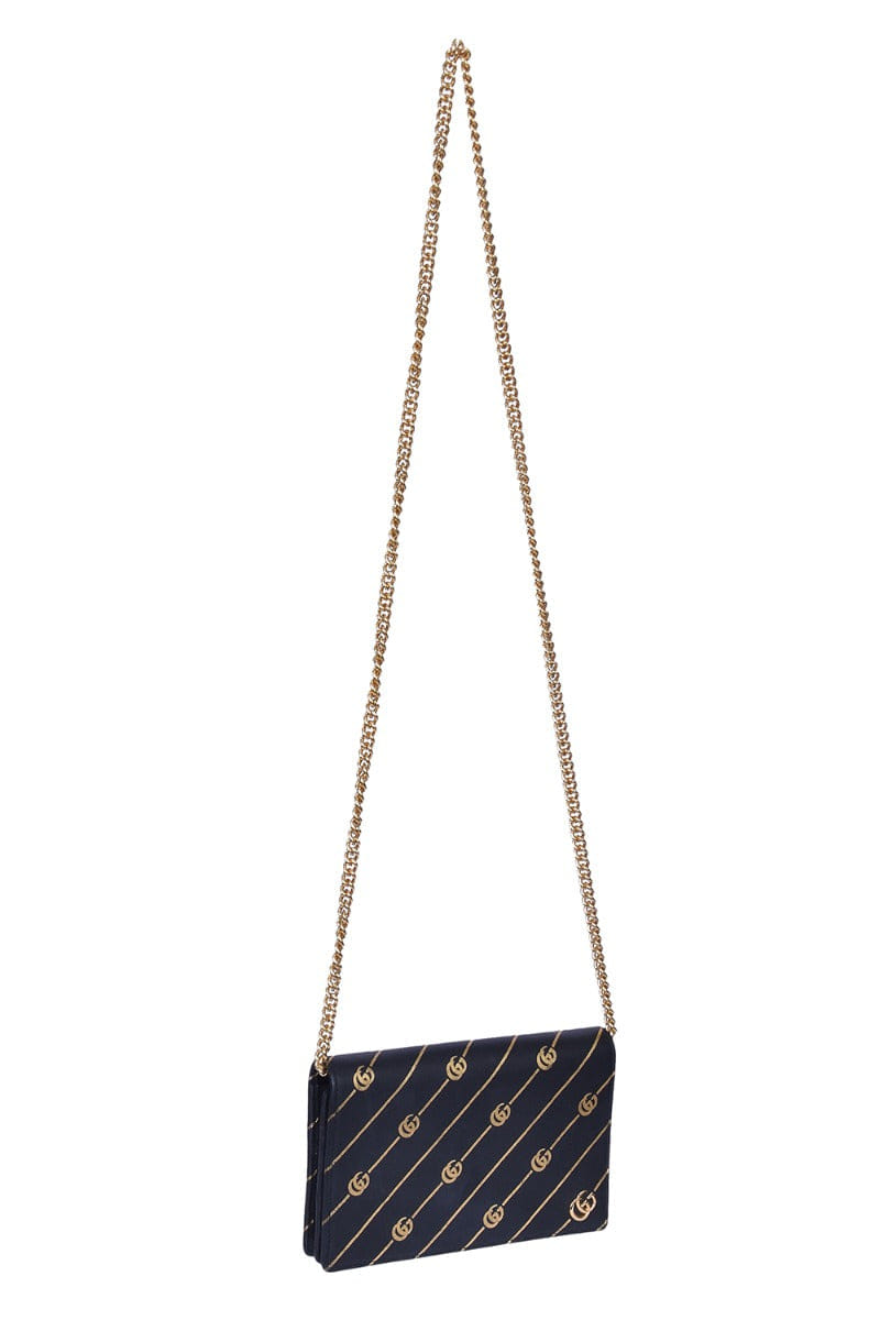 Gucci Black & Gold Calfskin Diagonal Gg Mini Chain Wallet