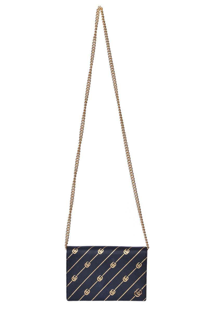 Gucci Black & Gold Calfskin Diagonal Gg Mini Chain Wallet