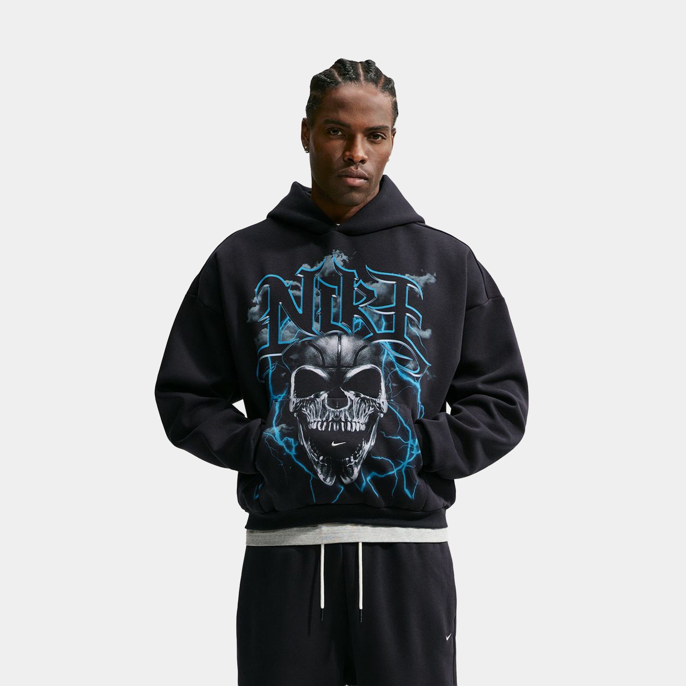 Nike Standard Issue Brushed Basketball Pullover Mens Hoodie (Black/Light Current Blue/Pale Ivory)