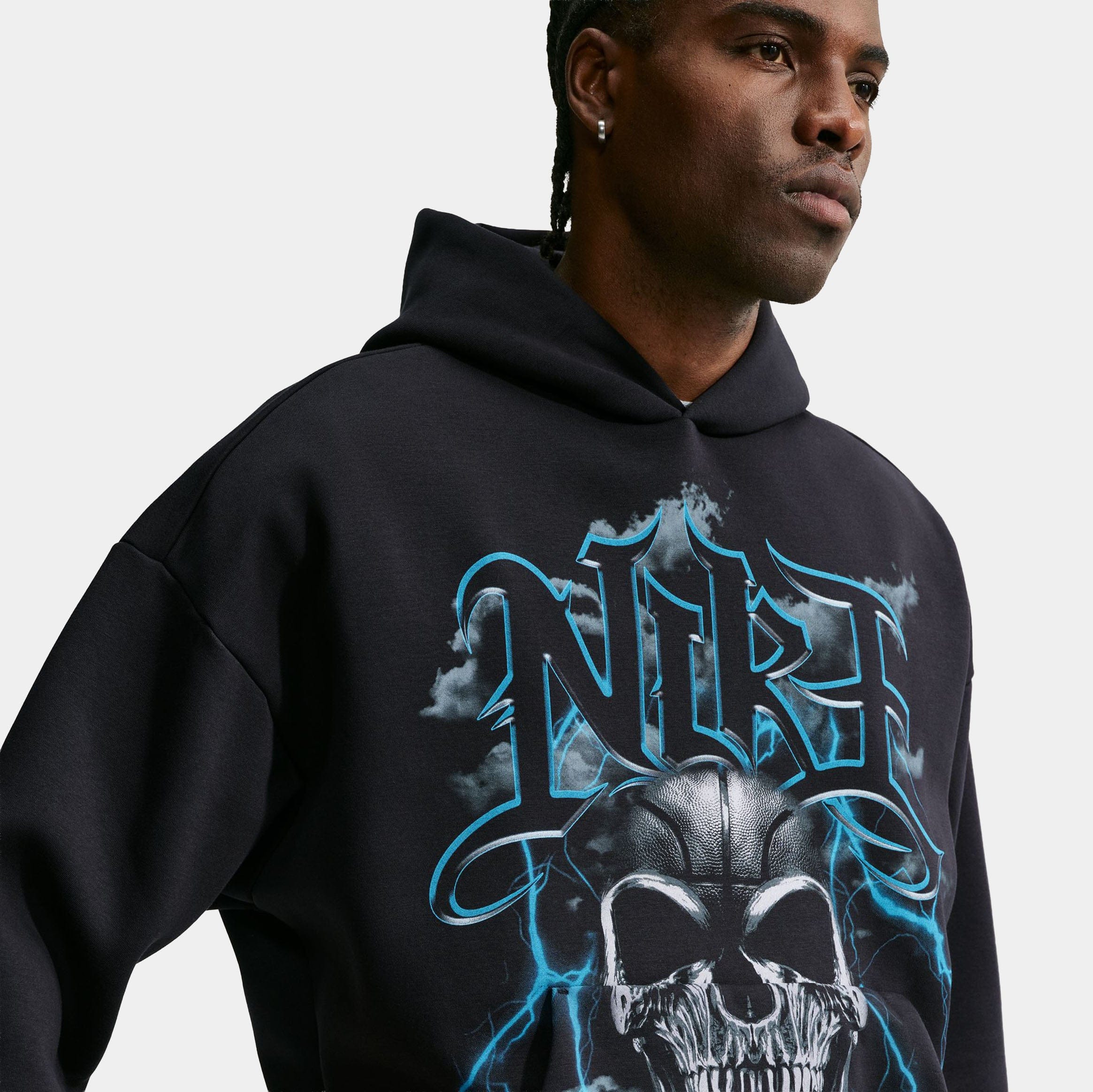Nike Standard Issue Brushed Basketball Pullover Mens Hoodie (Black/Light Current Blue/Pale Ivory)