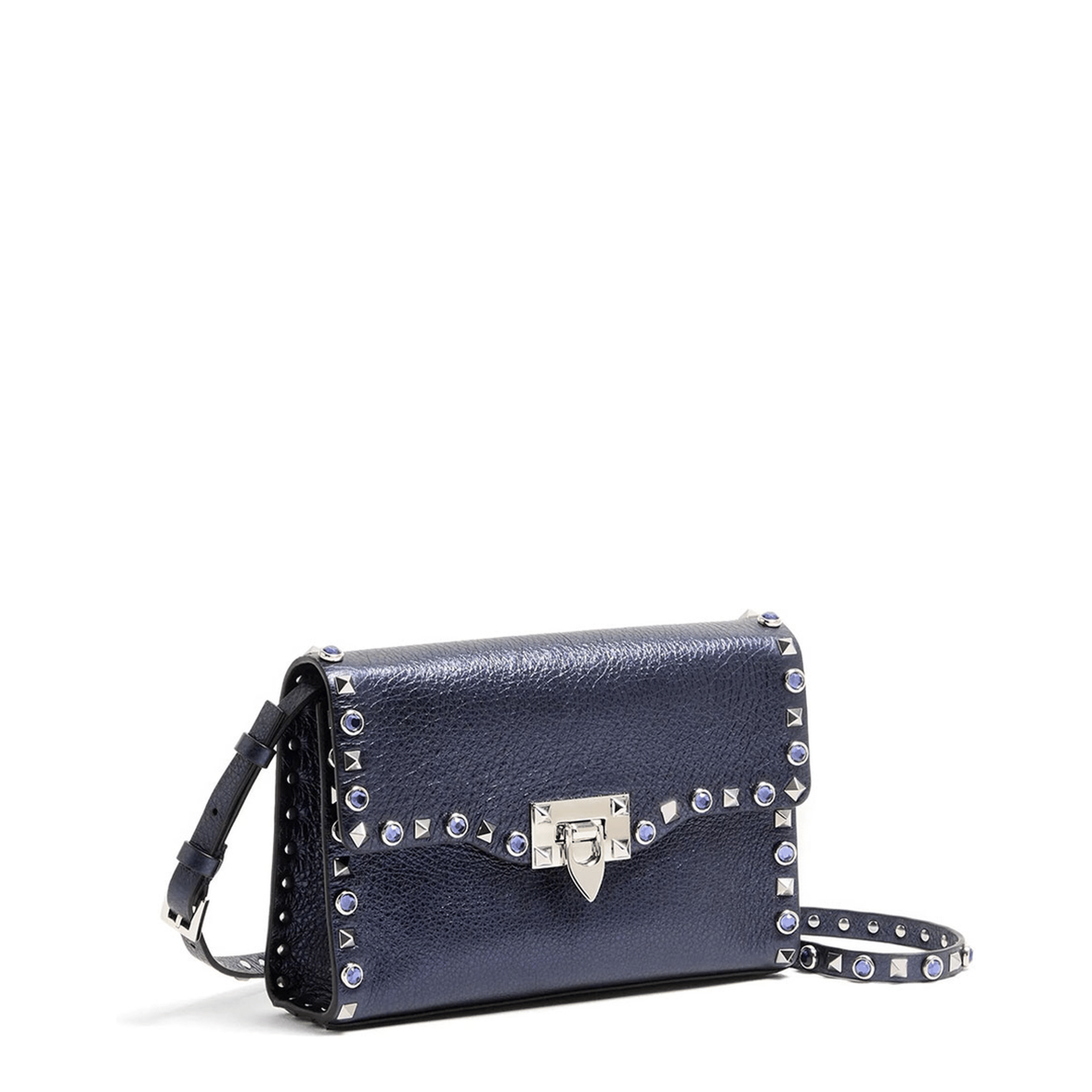 Valentino Rockstud Small Laminated Calfskin Shoulder Bag - Navy