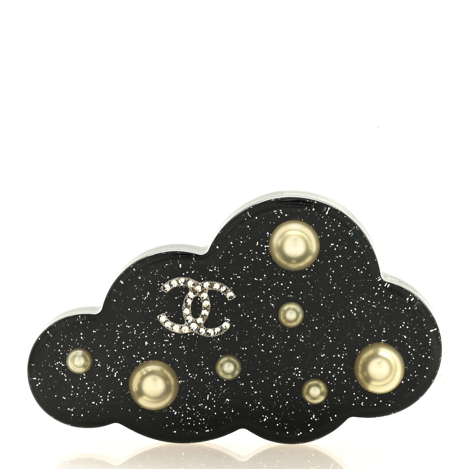 Chanel Glittered Resin Crystal Pearl CC Cloud Brooch Black Silver