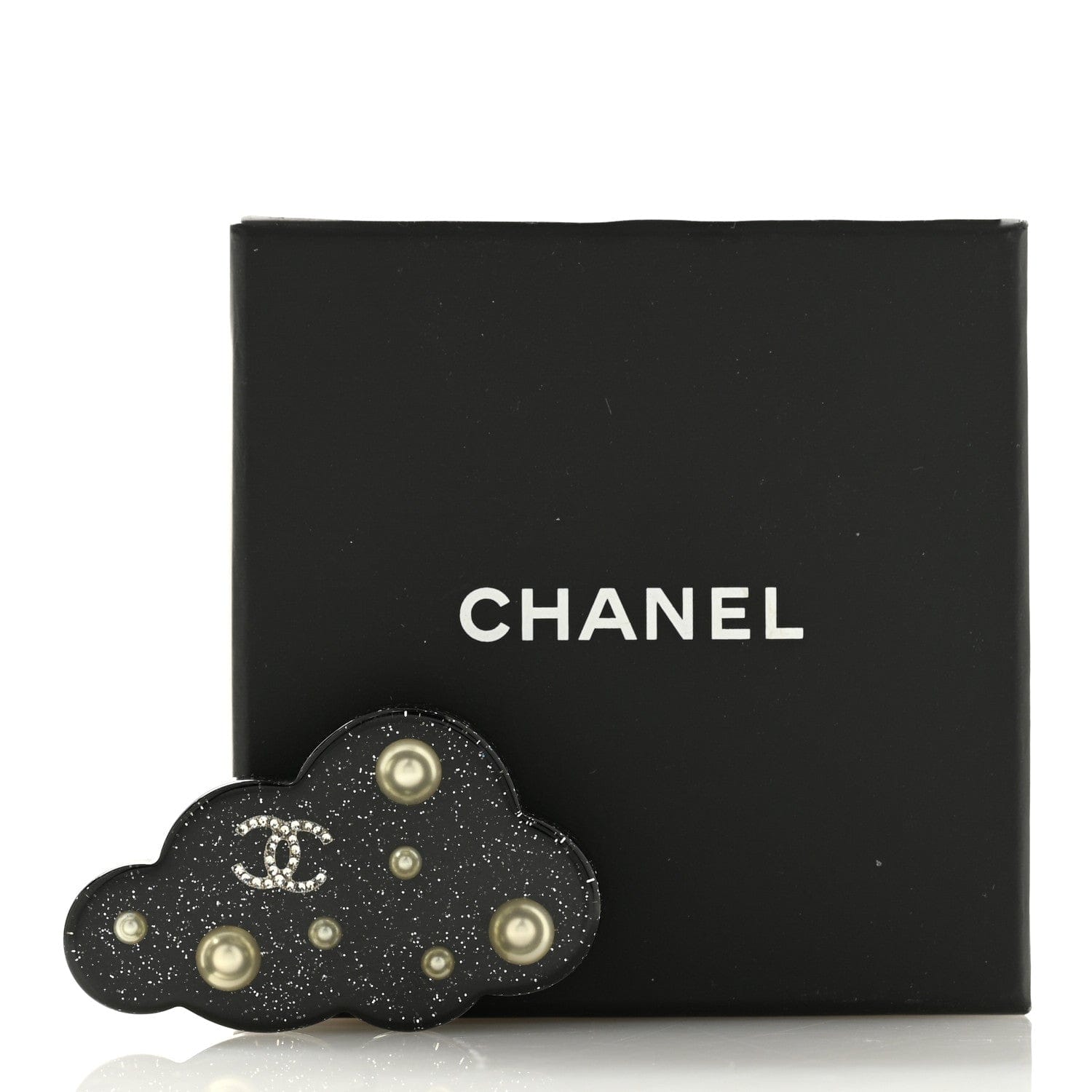 Chanel Glittered Resin Crystal Pearl CC Cloud Brooch Black Silver