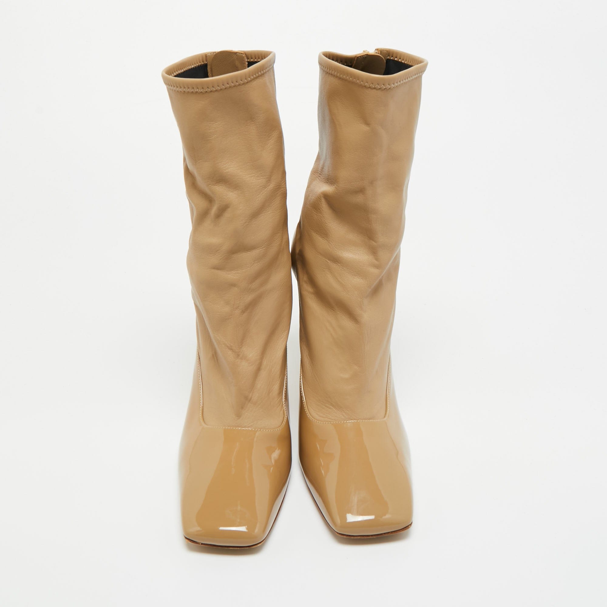 Burberry Beige Leather And Patent Leather Square Toe Ankle Length Boots