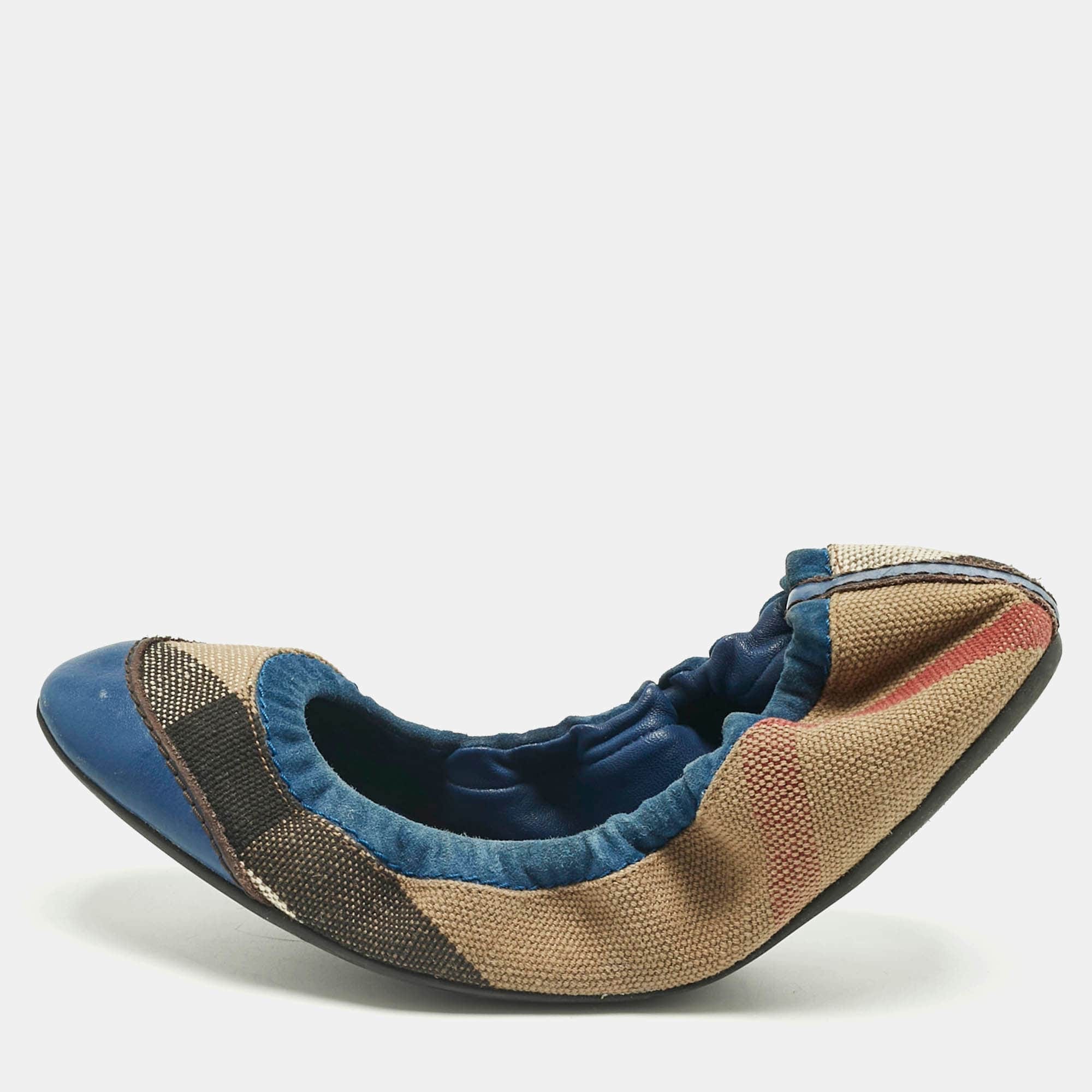 Burberry Blue/beige Check Canvas And Suede Scrunch Ballet Flats