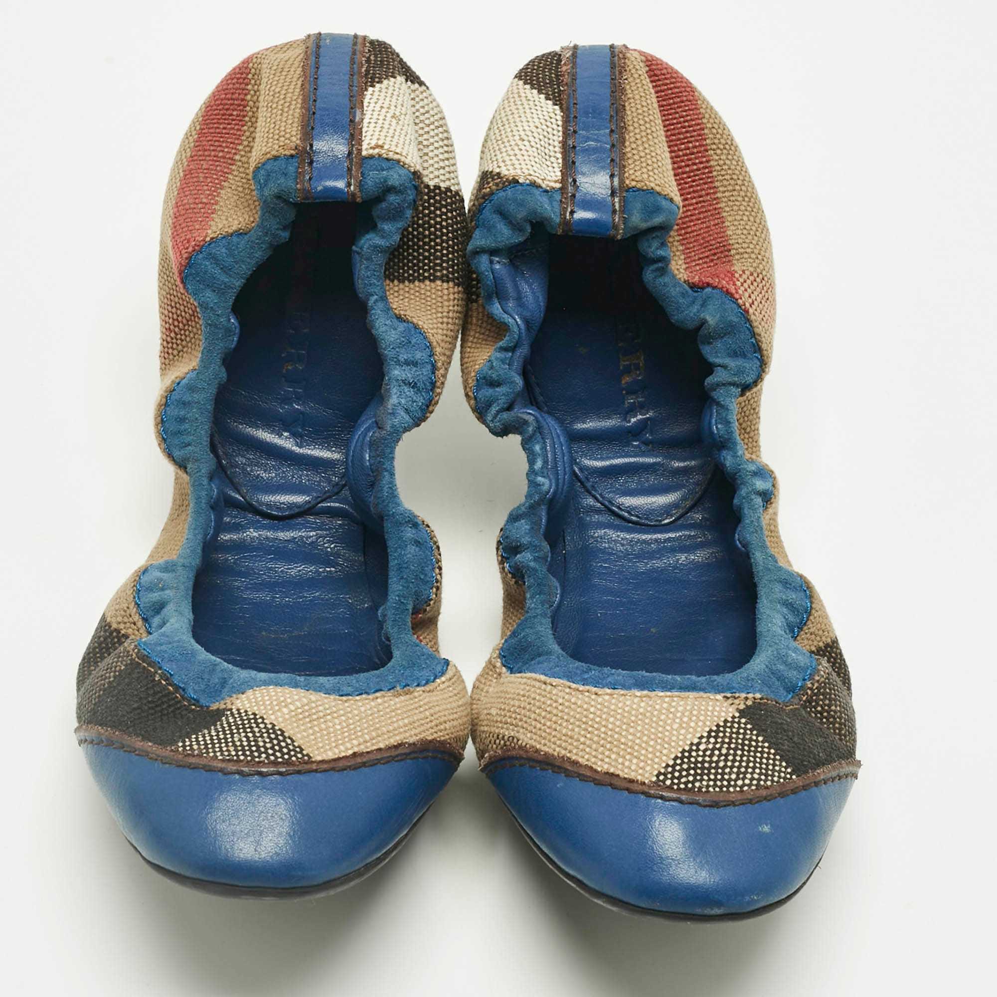 Burberry Blue/beige Check Canvas And Suede Scrunch Ballet Flats